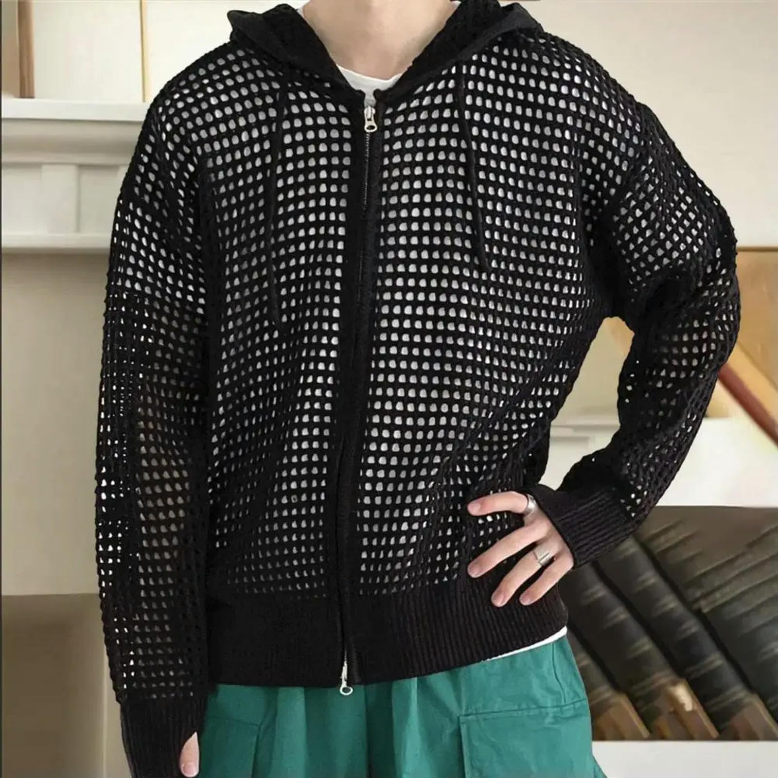 Cardigan Design Cavo Giacca da Uomo con Cappuccio con Cappuccio Hip Hop Cardigan Chiusura Maschile con Cappuccio Maschile