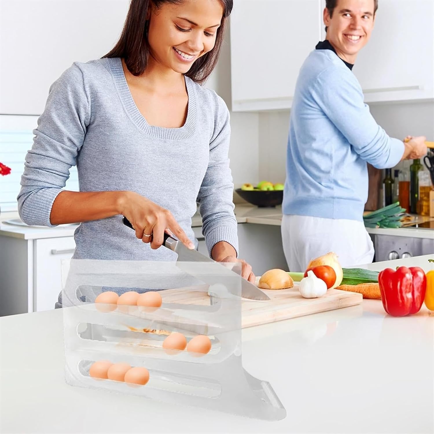Soporte De Huevo De 4 Niveles para Nevera, Organizador De Huevos De Nevera Auto Rollig, Soporte De Huevo De Nevera para Nevera Kitche Coutertop Cabiet, Natural