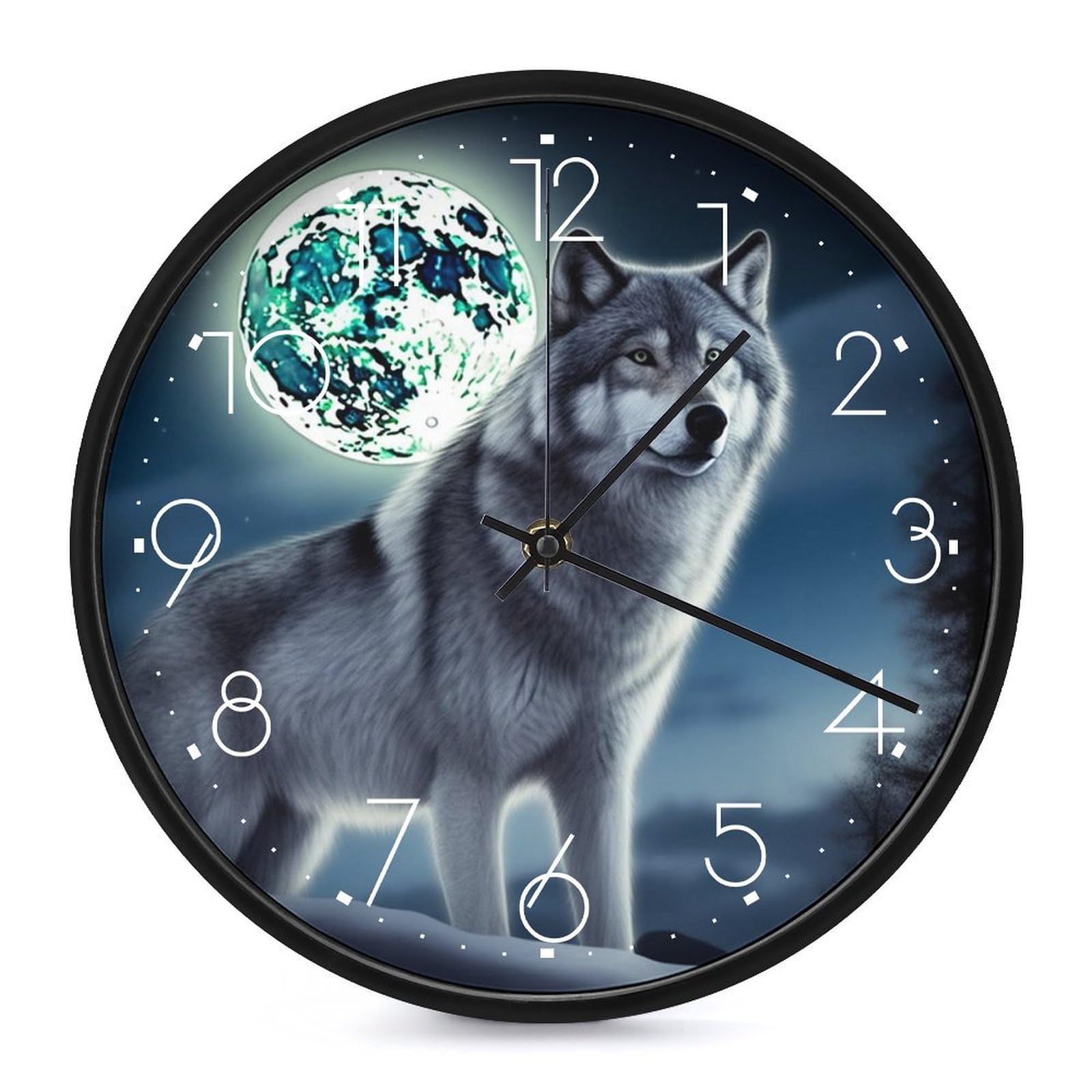 DWVTSLH Wolf Under Moon Wall Clock 10 Inch Silent Non-Ticking Modern Clocks Battery Operated - Decorative Wall Clocks for Bedroom Living Room Kitchen Office Wall Decor Gift Idea