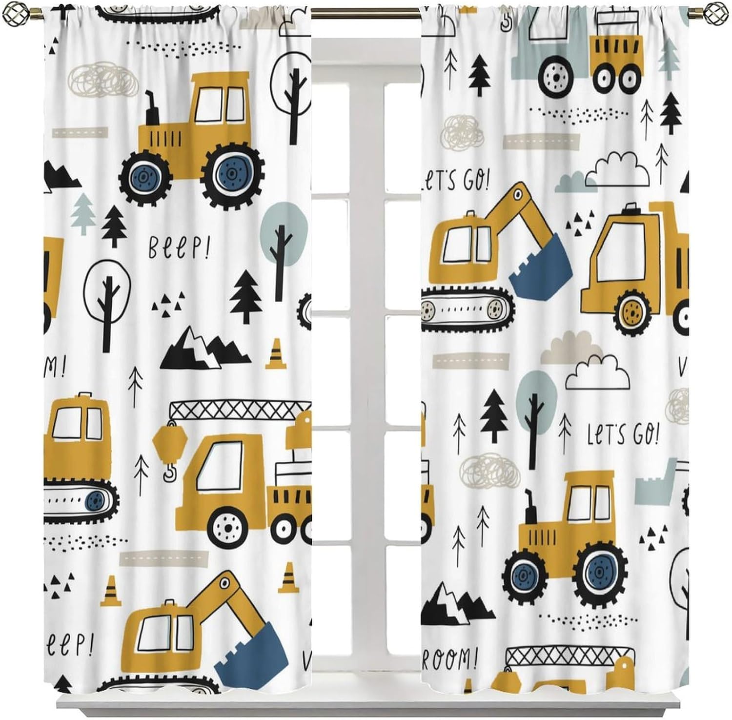 Construction Truck Curtain Cartoon Excavator Vehicle Tractor Cars for Boys Kids Machinery Navy Blue for Baby Boys Bedroom Nursery Children Drapes 2 Panels 42x63in, Style-4