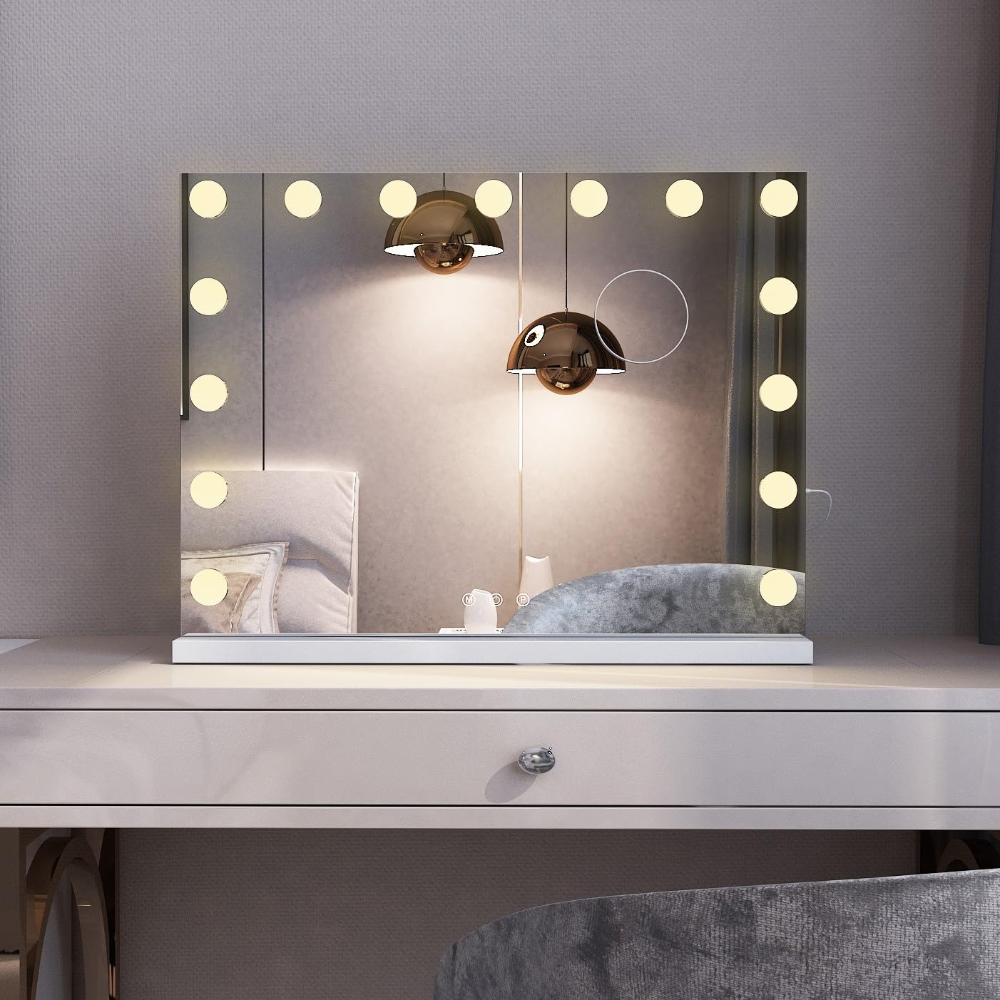 LISA Hollywood Espejo de Maquillaje con Luz LED Grande, 50x42cm Flamingueo Espejo Tocador 14 Bombillas, Ajustable 3 Modos de Luz, Táctil, Puerto USB,Espejo x10 Aumento Makeup, Mesa y Pared