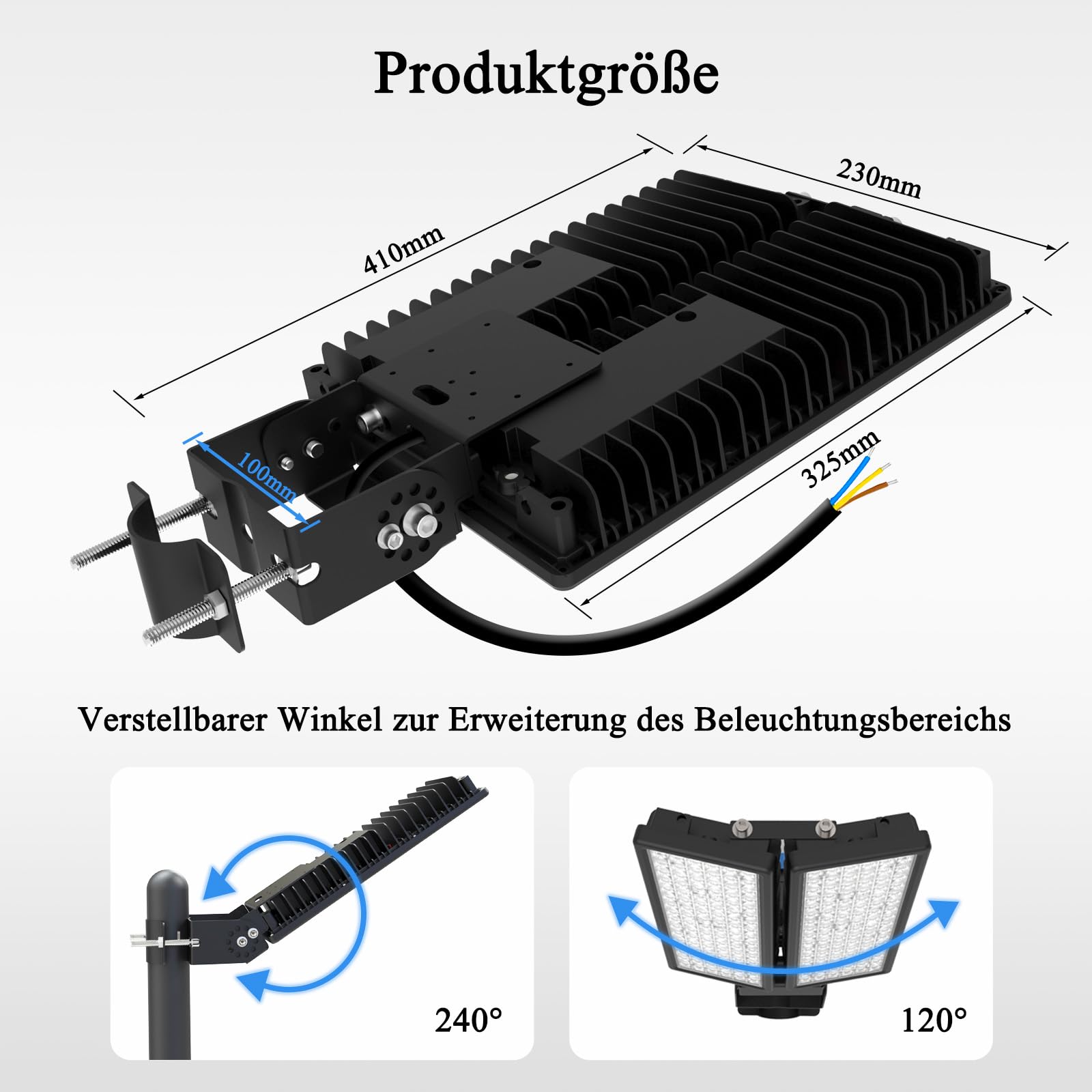 200W LED Strahler Außen mit verstellbaren 2 Köpfe, 28000LM Straßenlaterne Mastleuchte Lampe 6500K Flutlicht Einstellbarem Winkel IP67 Wasserdicht 230V LED Straßenleuchte für Garten