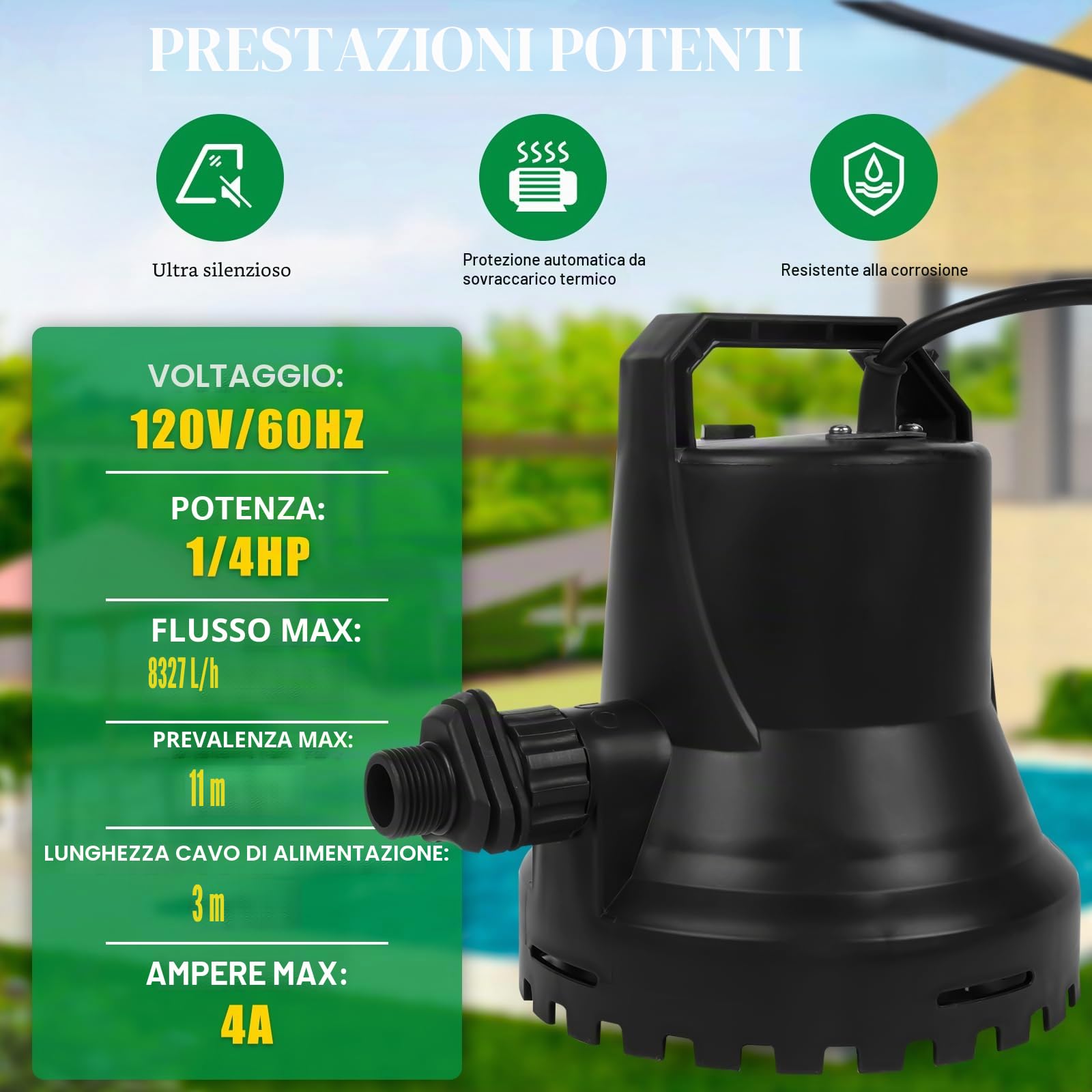 Pompa dell'acqua sommergibile da 400 W, 8000 l/h, pompa di pozzetto dell'acqua portatile automatica on/off, per acqua pulita e sporca per laghetti, piscine e cantine, 220 ~ 240 V