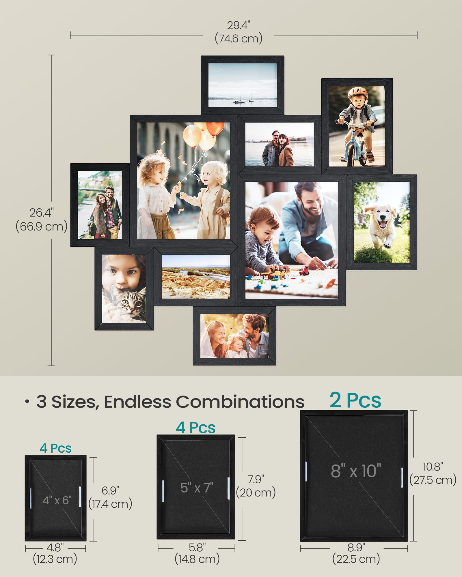 SONGMICS Set di 10 Cornici per Foto in PVC, Portafoto Multiplo da Parete Collage a Incastro, Due da 20 x 25 cm, Quattro da 13 x 18 cm, Quattro da 10 x 15 cm, Nero, Collezione Kavi RPF100BZ01