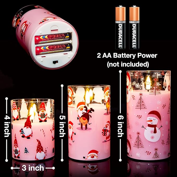 Eywamage Eywamage Pink Christmas Flameless Pillar Candle with Remote, Flickering Gnomes Santa Glass LED Candles Battery Operated Set of 3 photo 6