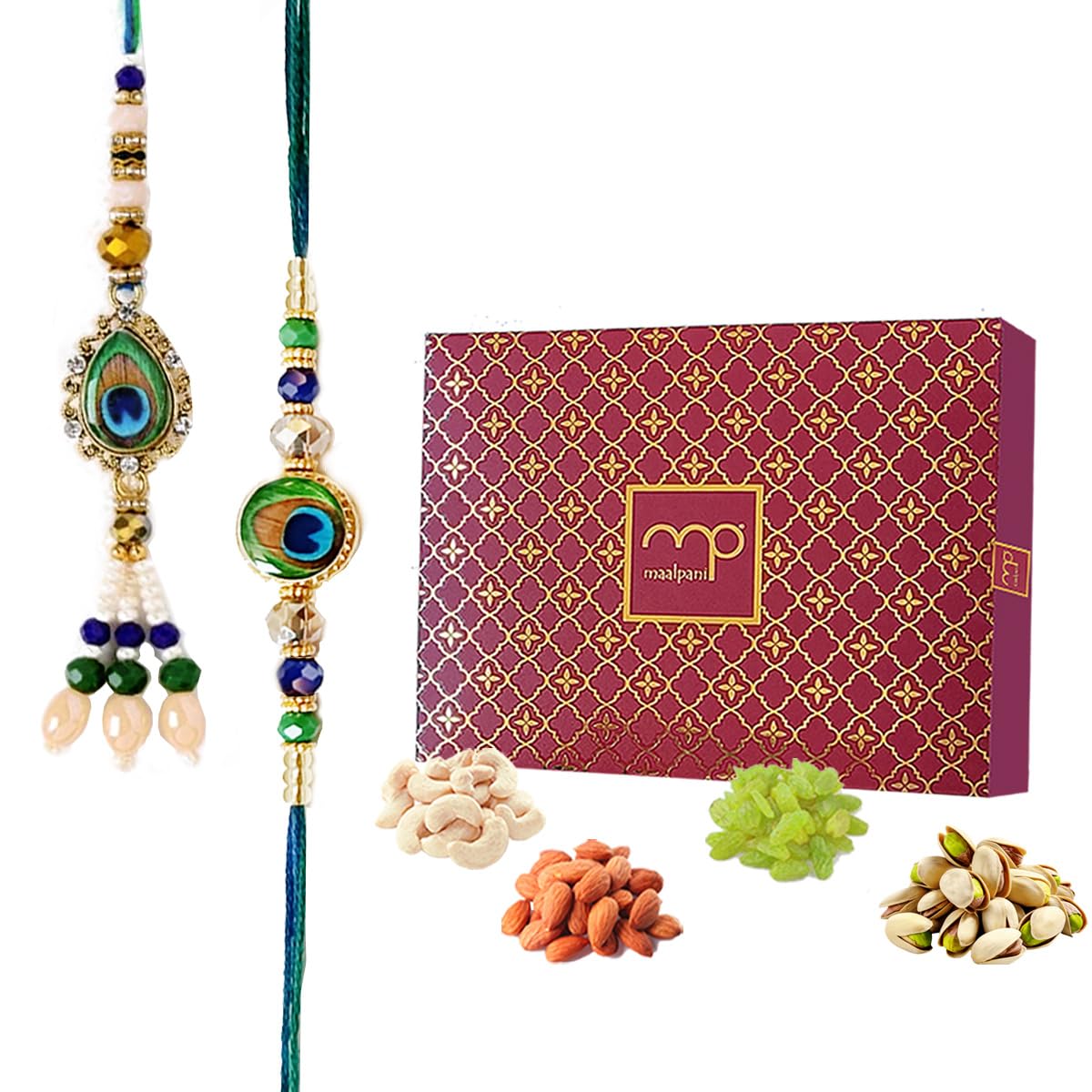 Maalpani Bhaiya Bhabhi Rakhi Set With Dry Fruits For Rakshabandhan Gift Hamper | Almond - Cashew - Raisin - Pista Dry Fruits & Rakhi For Brother & Lumba Rakhi| Mix Dry Fruit Rakhi Combo Box |52BBRWD-image-37