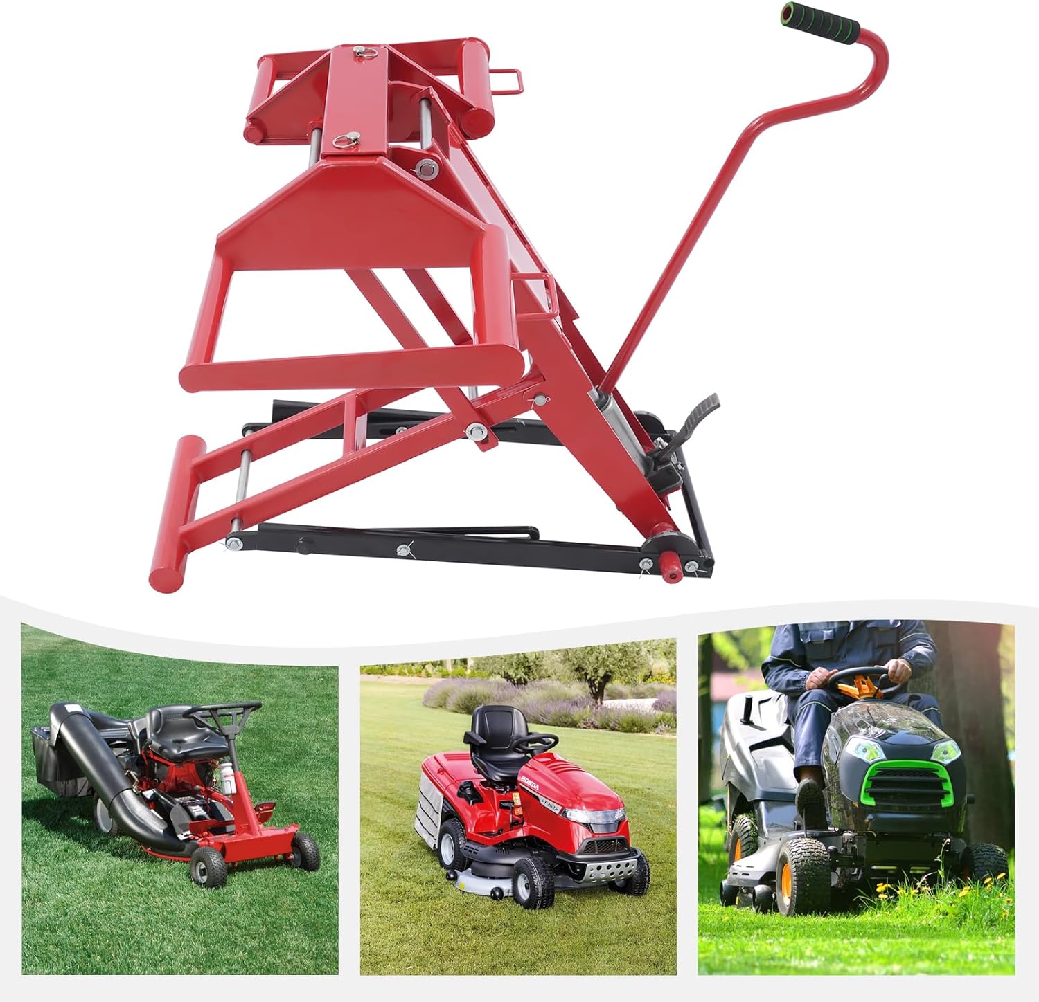 Hydraulic Lawn Mower Lift Jack, 350lbs Capacity Q235 Steel Lawn Mower Jack with 25.4in Lift Height, Adjustable Wheel Span, Heavy Duty Mower Lift for Maintenance, Blade Sharpening, Oil Change, Repair