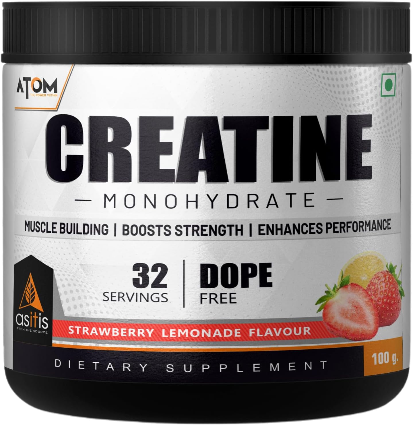 AS-IT-IS ATOM Creatine Monohydrate 100g - 32 Servings, Strawberry Lemonade, Dope free, Enhances Performance, Promotes Muscle Gains