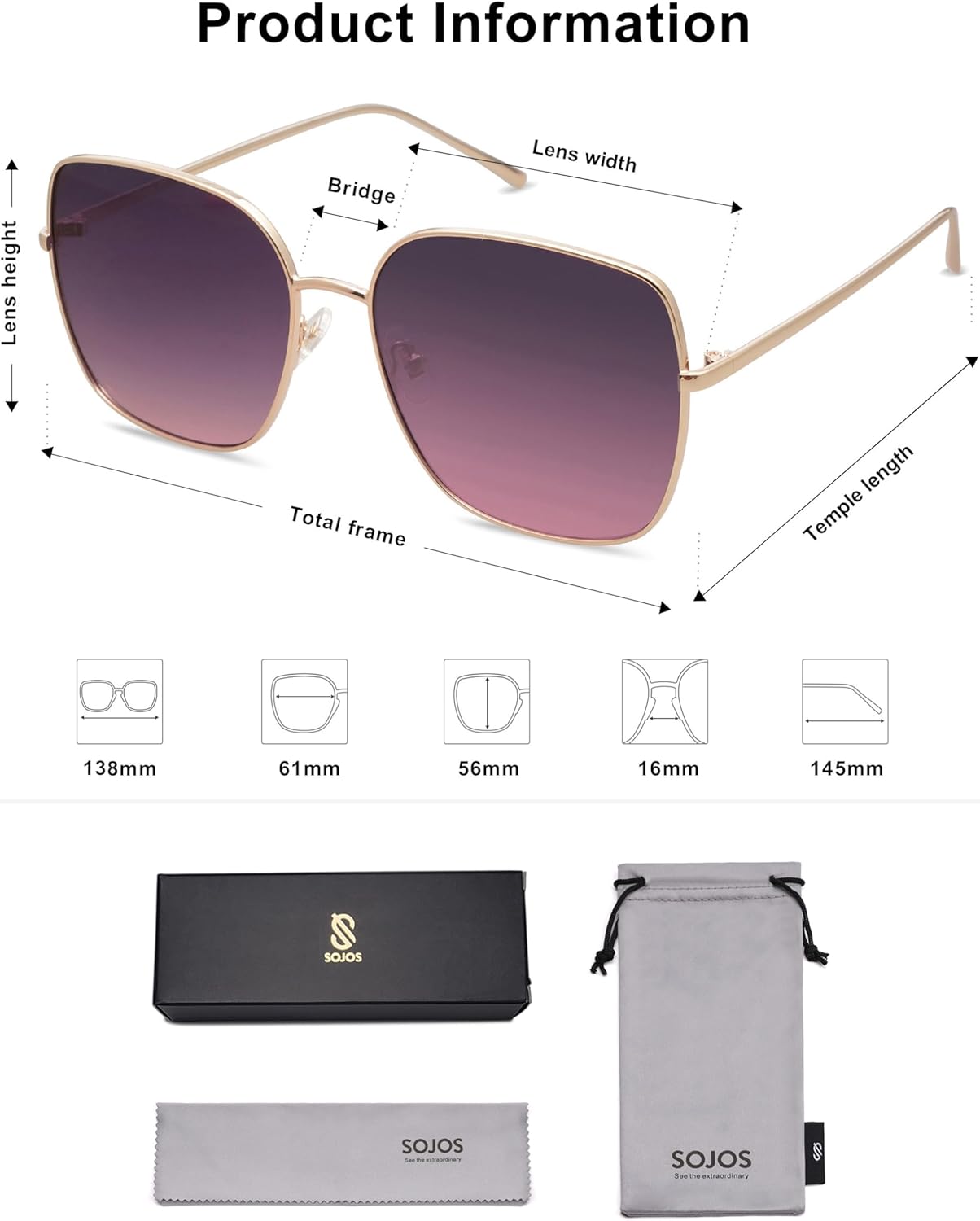 SOJOS Trendy Oversized Square Metal Frame Sunglasses for Women Men Retro Big Flat Lens UV Protection Sunglasses SJ1146 - Image 5