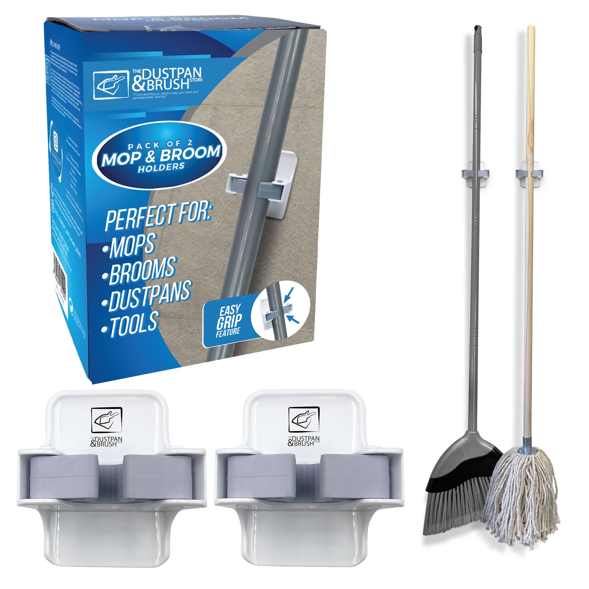 Tdbs The Dustpan And Brush Store Pack Of 1 (2 Holders) Mop & Broom Holder For Easy Storage Of Mops, Broom, Dustpans And Tools - Broom Holder Wall Mounted Gripper - Perfect To Use On Cupboards, Bathroom, Sheds And Garage