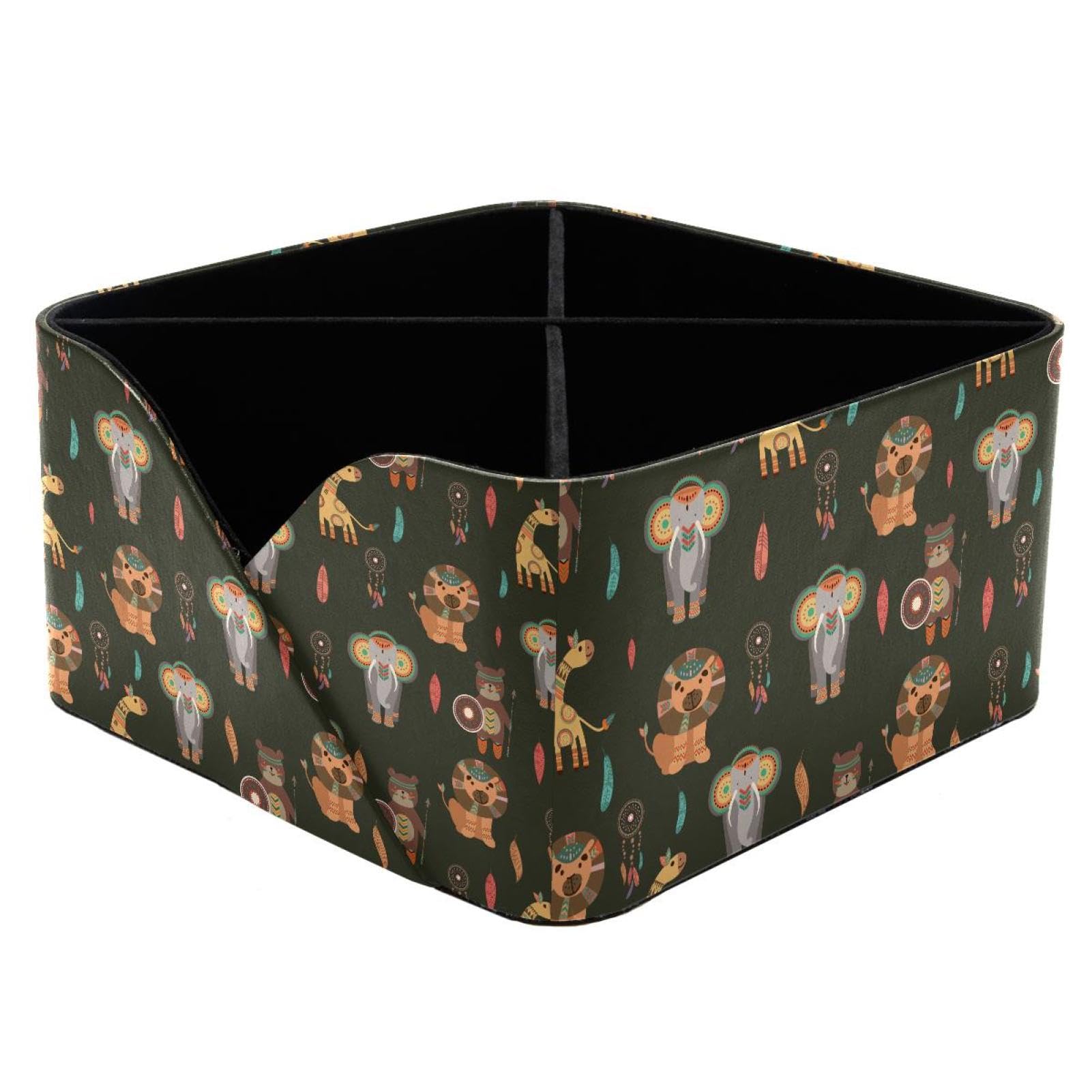 KengjuTesu Tribe Giraffes Bears Elephant Lions Pattern Desktop Organizer Pen Holder, Rectangular Pencil Cup for Office, Study and Makeup Stations