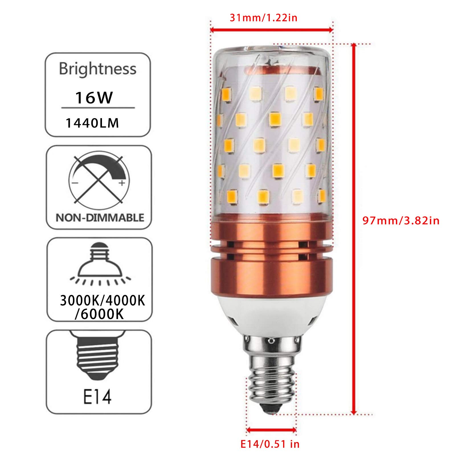 Bombillas vela LED Bombilla ahorro energía 16 W, bombillas LED maíz sin parpadeo, no regulables 2835 SMD, paquete 4 natural