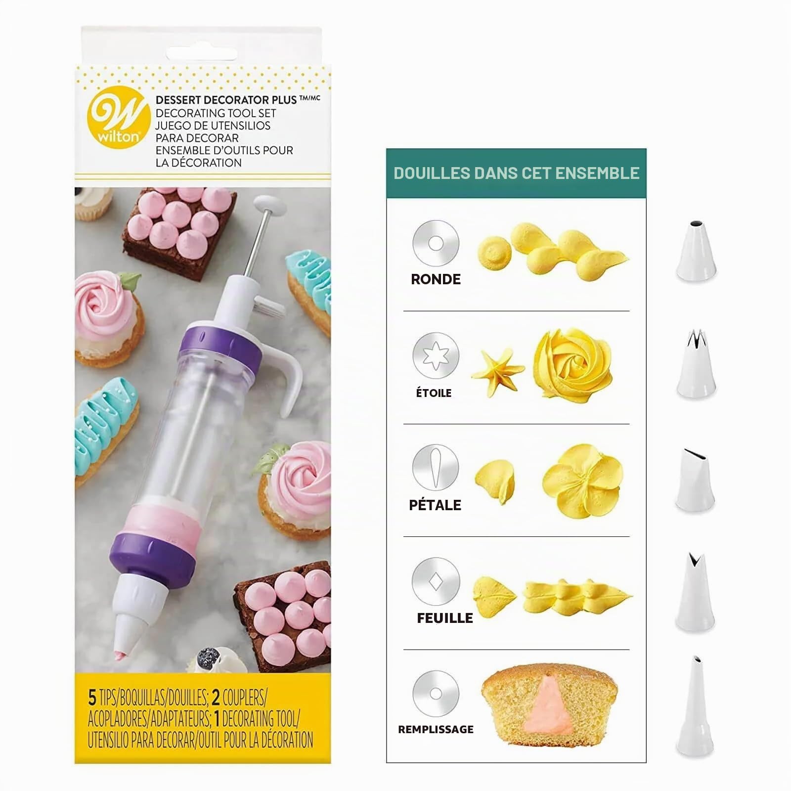Wilton Seringue à Décorer Desserts Plus, Outil de Décoration de Gâteaux, Poche à Douille avec 5 Douilles et 2 Adaptateurs, Seringue Pâtisserie, Décorateur de Desserts - 28 x 5 cm
