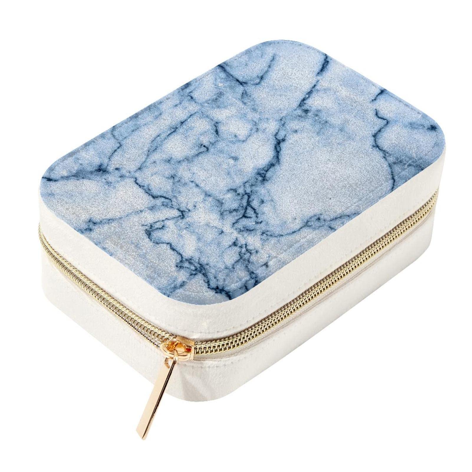 Boîte à bijoux de voyage double couche anti-rayures : petit format compact marbre bleu