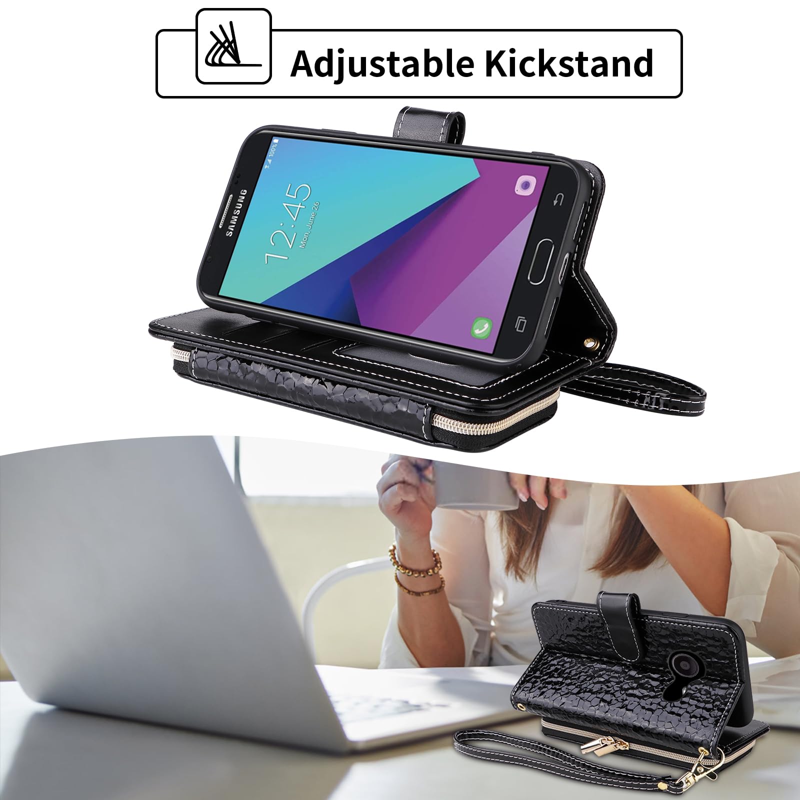 Argyle - Custodia a portafoglio per Samsung Galaxy J7 Prime 2017 J 7 Skypro Sky Pro J7V V S727VL con tracolla e cinturino da polso, cavalletto e cerniera, antiurto, colore nero