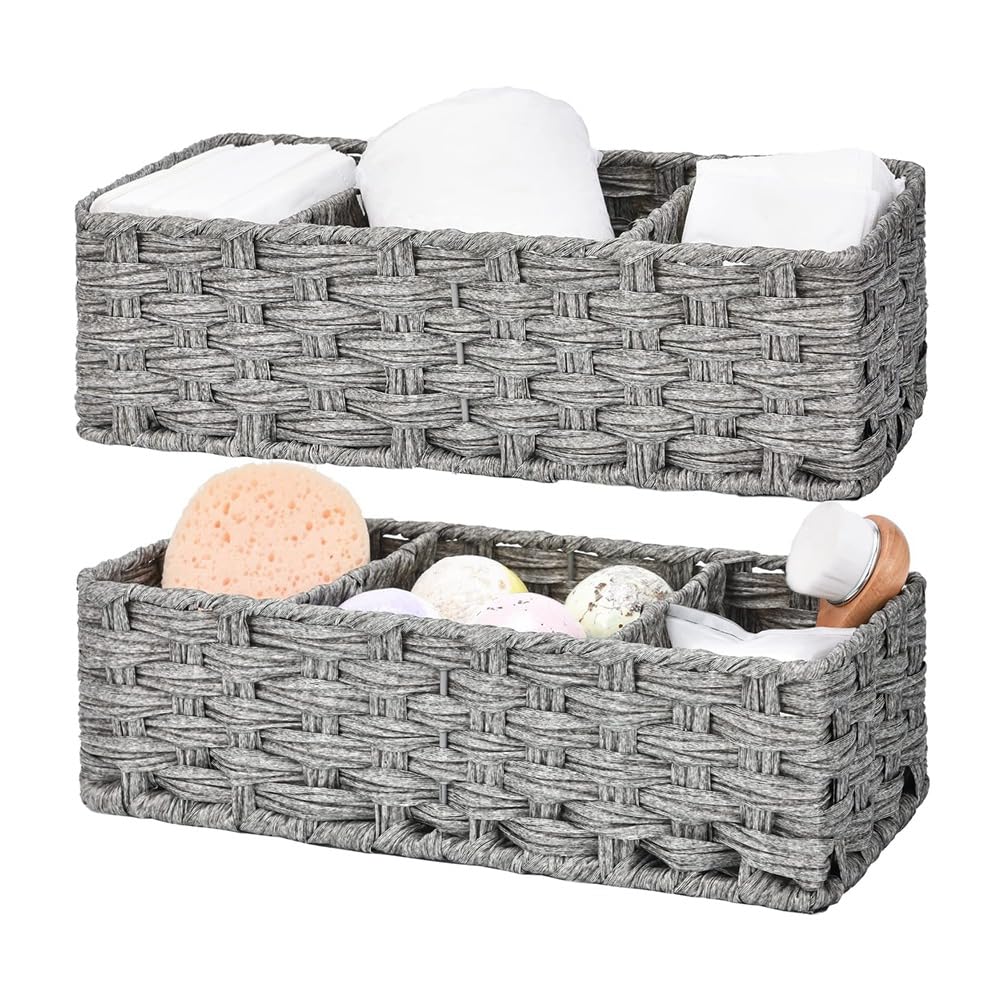 Baeroprki Bathroom Toilet Organizer,Back of Toilet Storage Basket,Waterproof Storage Baskets for Toilet Tank 3 Section 2Pack Grey