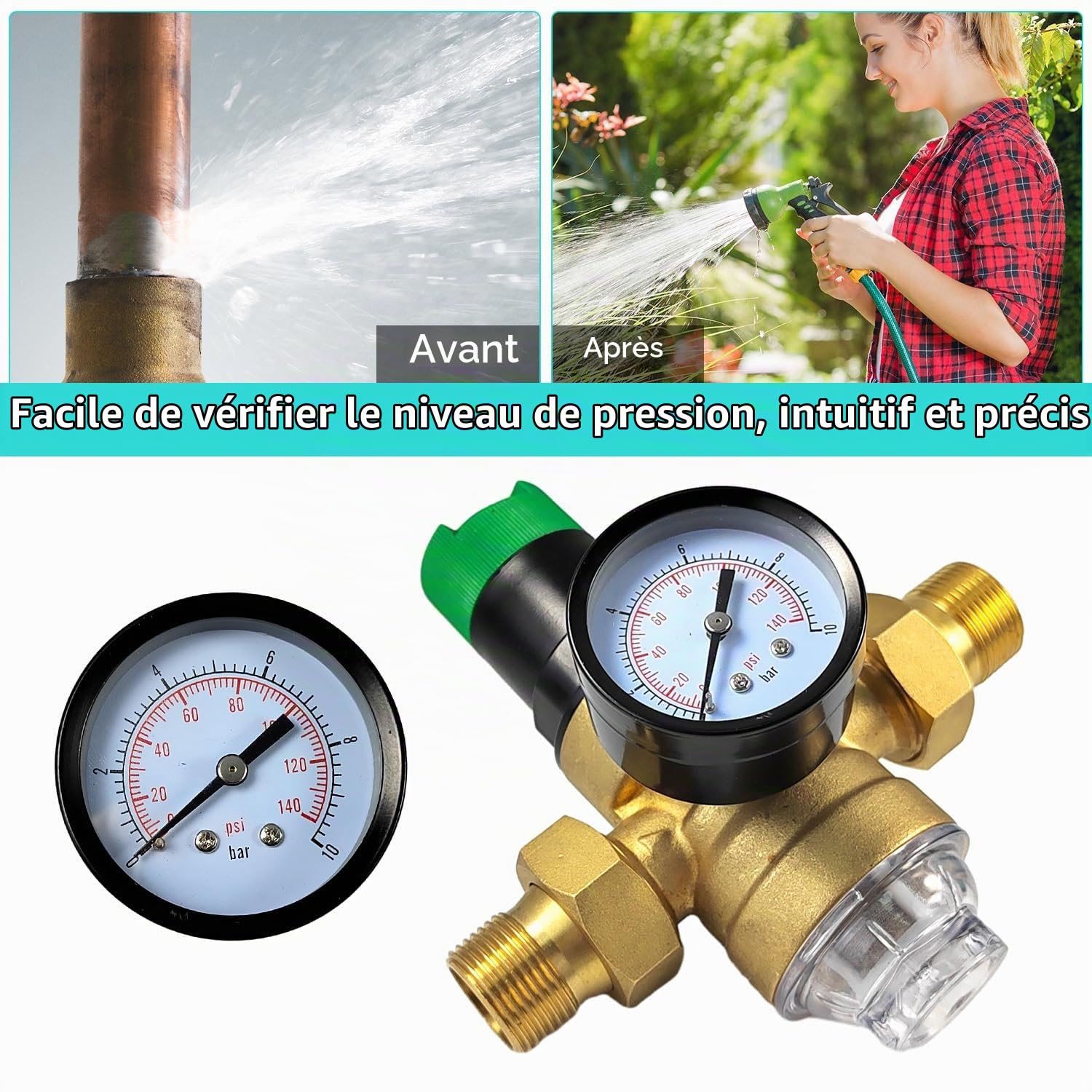 1/2 Pouce Ajustable Reducteur de Pression Eau, DN 15 Laiton épaissi Limiteur de Pression, Réducteur de Pression Eau Avec Filtre et Manomètre, Applicable à La Maison, Le Bâtiment, L'usine