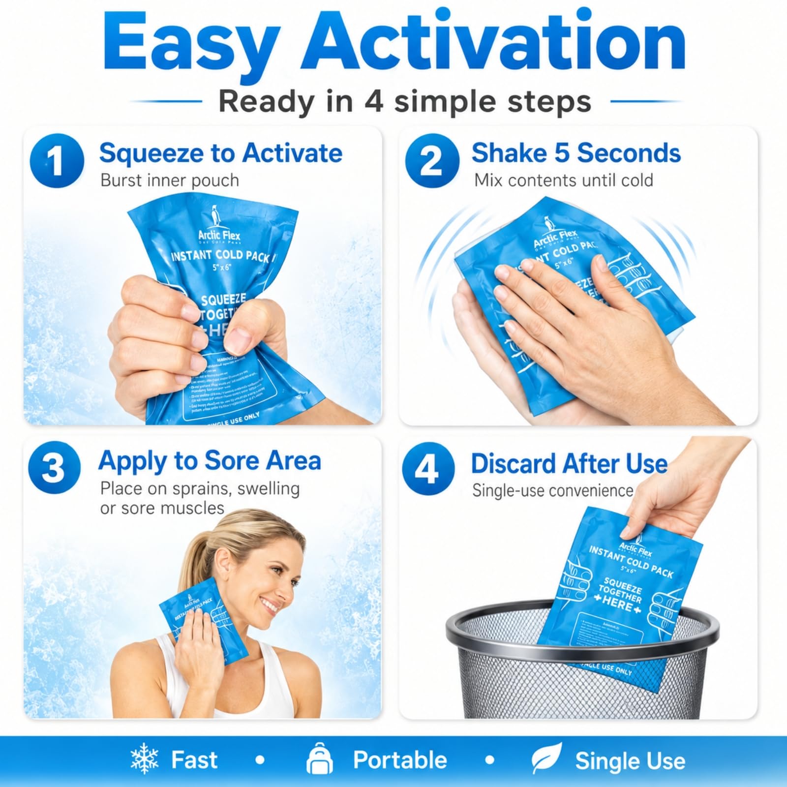 Arctic Flex - Juego de 24 compresas frías instantáneas - Hielo desechable para alivio del dolor, inflamación e hinchazón - Portátil para primeros auxilios y deporte
