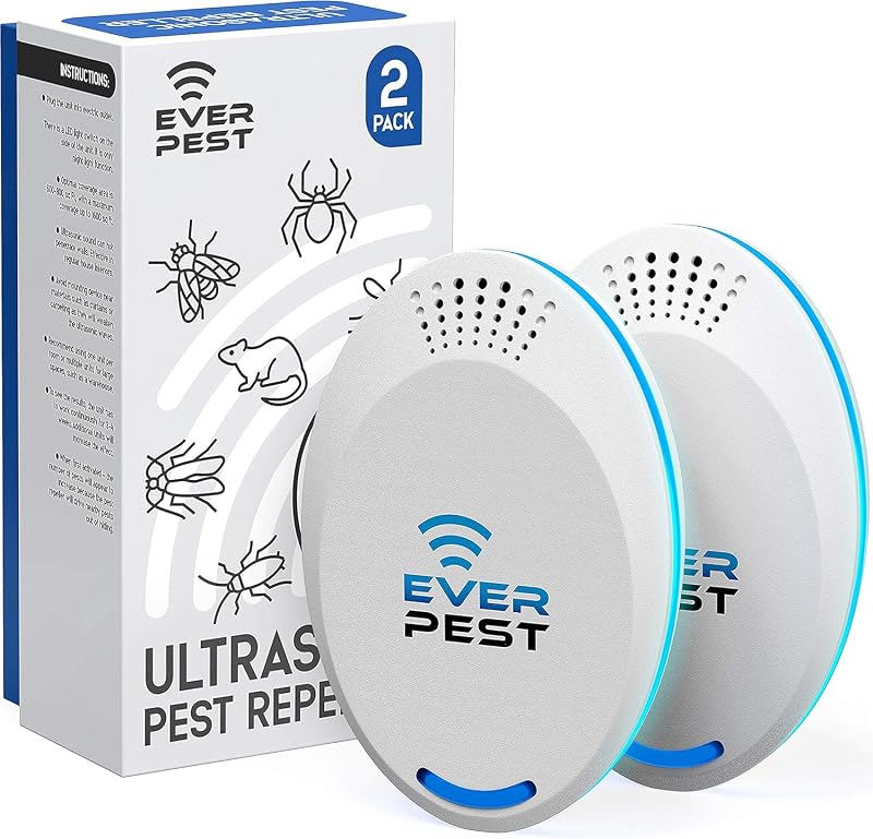 Ever Pest Repelente ultrasónico de plagas para ratones y cucarachas, paquete de 2 | Disuasivo electrónico de roedores e insectos para interiores para ratones, ratas, cucarachas y arañas, que cubre hasta 1,600 pies cuadrados.