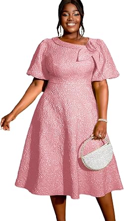 AOMEI Womens Irregular Neck with Flower Short Puff Sleeve High Waist A-Line Jacquard Dress