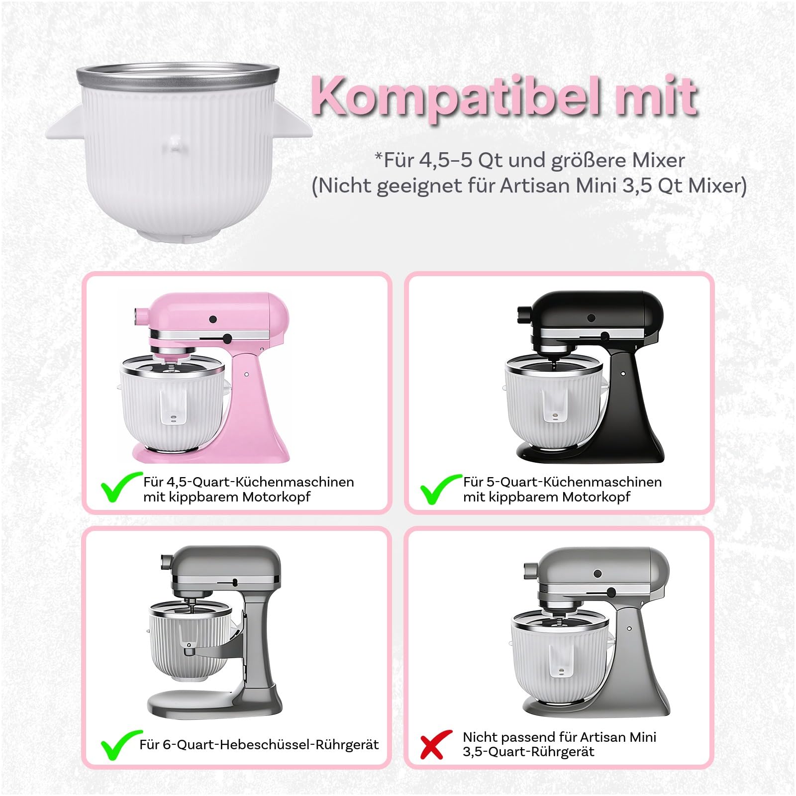 Eismaschinen-Aufsatz für KitchenAid StandMixer – Kompatibel mit KitchenAid 4,5QT, 5QT & 6QT Tilt-Head und Bowl-Lift Mixern – 1,9L Eisschale für Eiscreme, Sorbet, Gelato und Frozen Joghurt