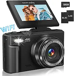 Câmera digital para fotografia, câmera vlogging 4K para YouTube, tela flip 180° de 3 polegadas, zoom digital 18x, câmeras retrô compactas, com cartão TF de 32 GB e 2 baterias, cor preta