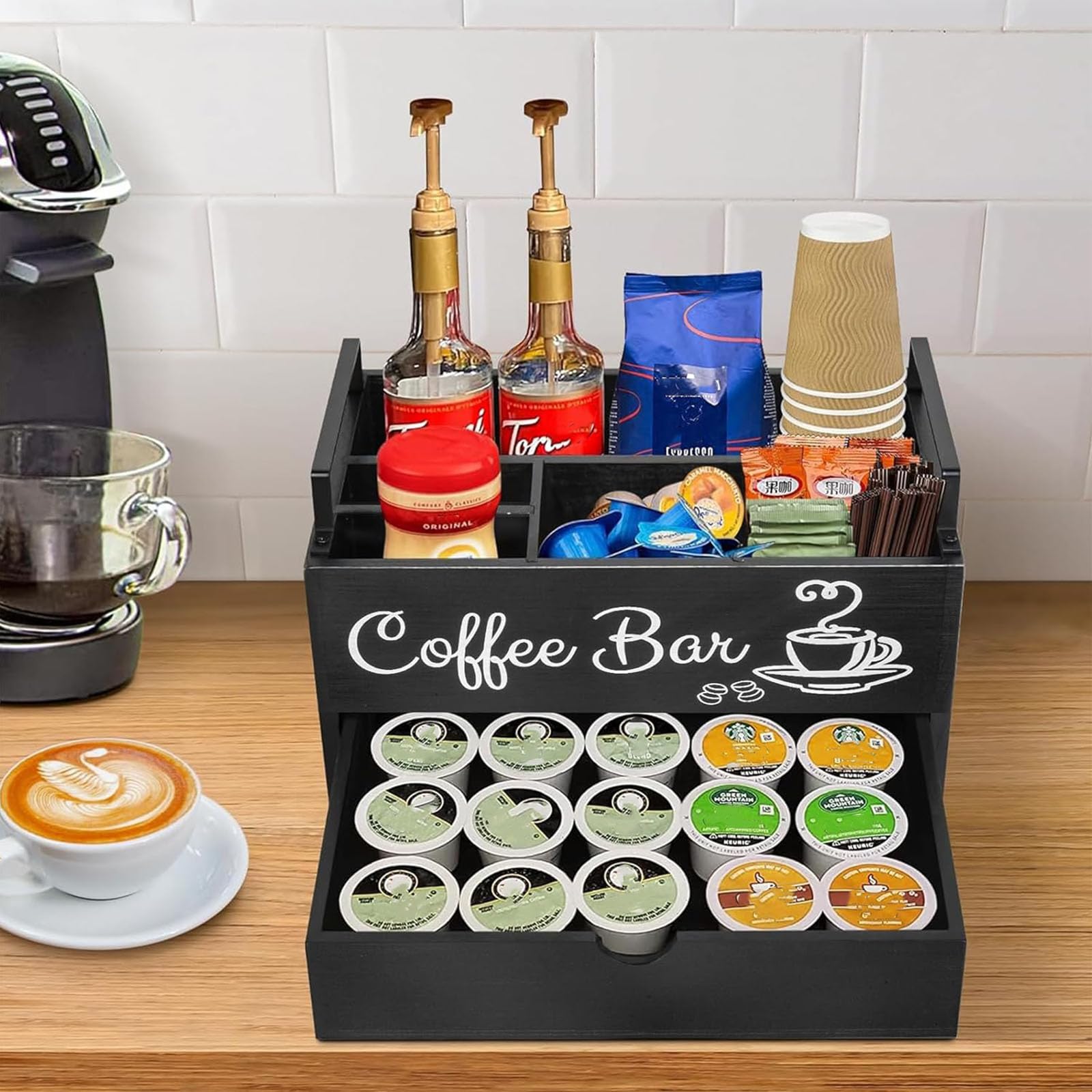 Organisateur de Café Pour Accessoires de Café, Station de Café et Sachets de thé, Boîte de Rangement Pour Capsules de Café, Bar à Café Pour Lait, Serviettes, Capsules, Sucres (2 Niveaux)