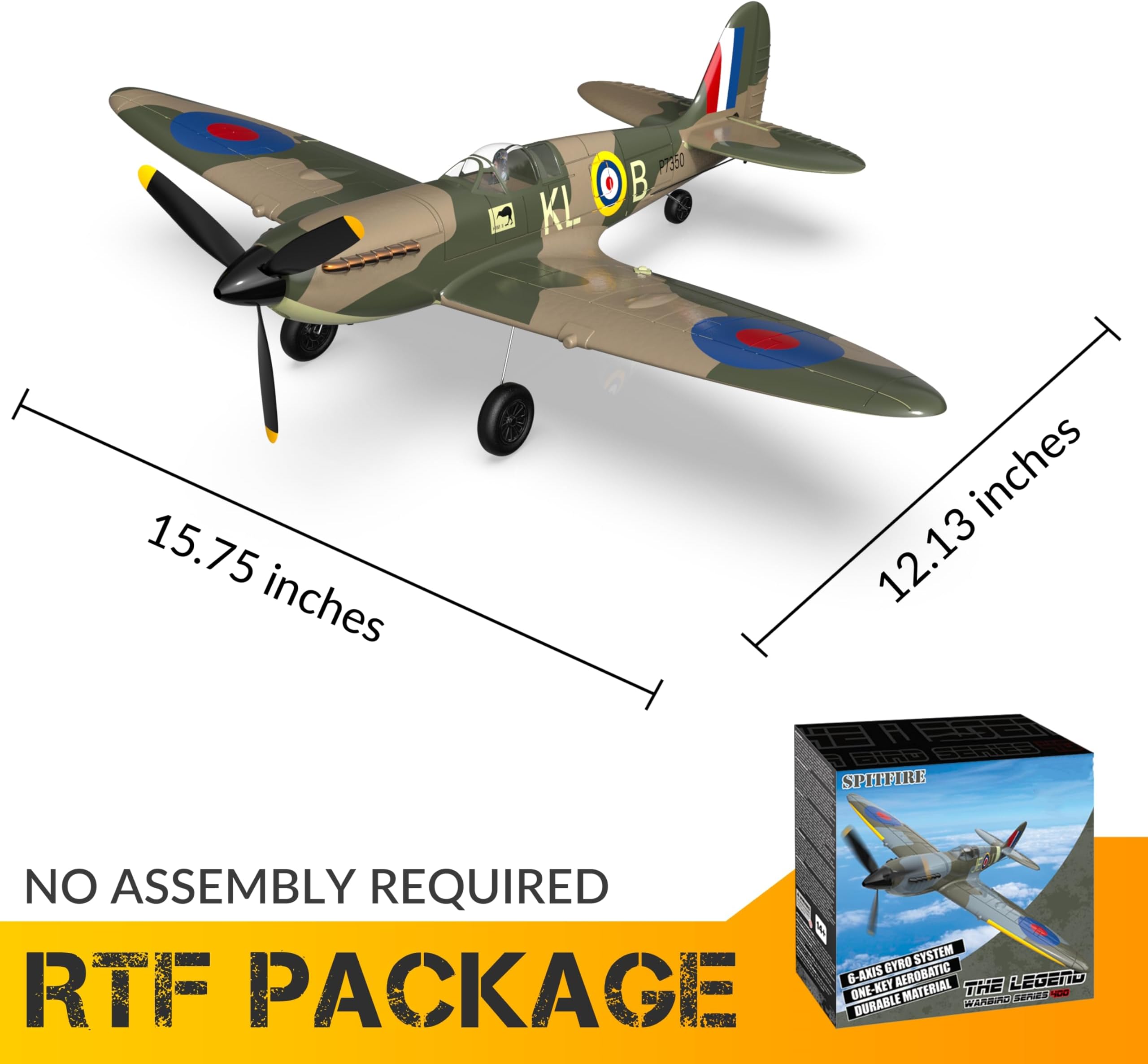 RC Plane 4CH Ready-to-Fly Spitfire RC Airplane with 6-Axis Gyro Stabilizer One Key Aerobatic, 2 Batteries & Durable EPP Remote Control Plane for Adults & Kids