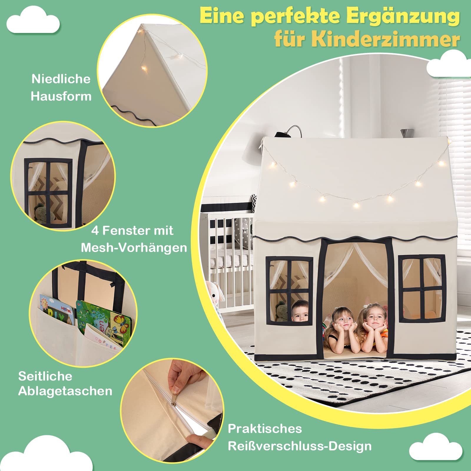DREAMADE Spielzelt für Kinder mit Lichterkette und gepolsterter Matte, Tipi Zelt, Kinder Spielhaus mit Fenstern, Kinderzelt für Jungs und Mädchen, für Indoor und Outdoor (Beige + Schwarz)