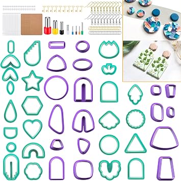 PTFJZ Polymer Clay Cutters for Earring Making - 160pcs Clay Tools Set with Earrings Accessories, 42+8pcs Different Shape Plastic Clay Cutters Style B- Green+Purple