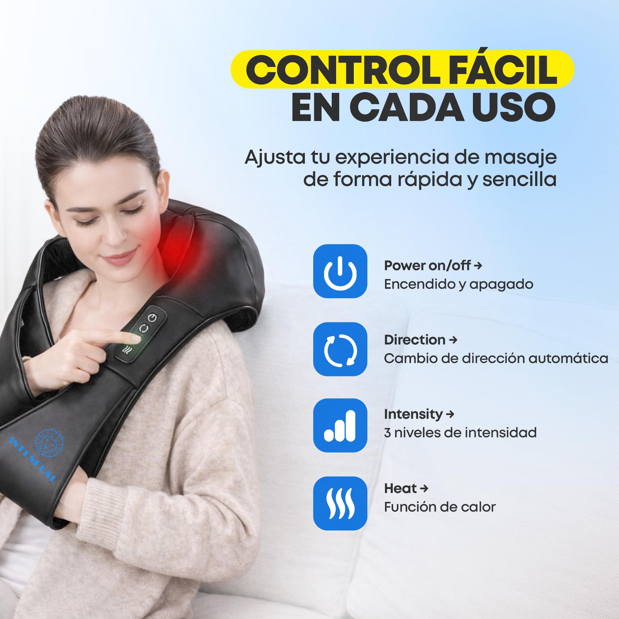 Masajeador Cervical y Espalda Shiatsu con Calor, Masajeador de Cuello, Hombros y Lumbar con 2 Nodos Rotatorios y 4 Cabezales, 3 Intensidades, Masaje Profundo 3D, Uso en Casa y Coche (No Inalámbrico)