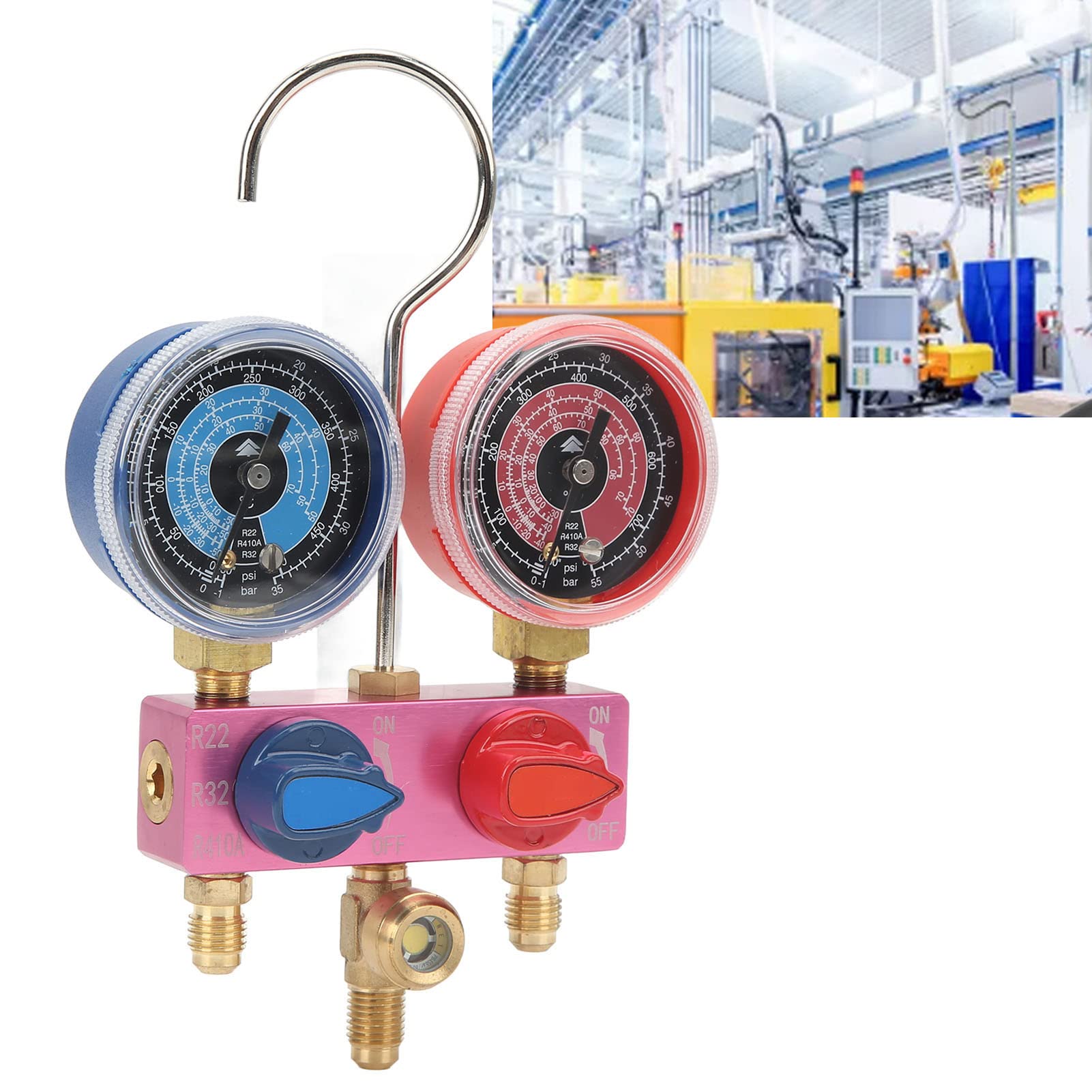 Mini Manometro Diagnostico con Manopola in Metallo G1/4 con Guarnizione in PTPE per Refrigerante R22 R32 R410A