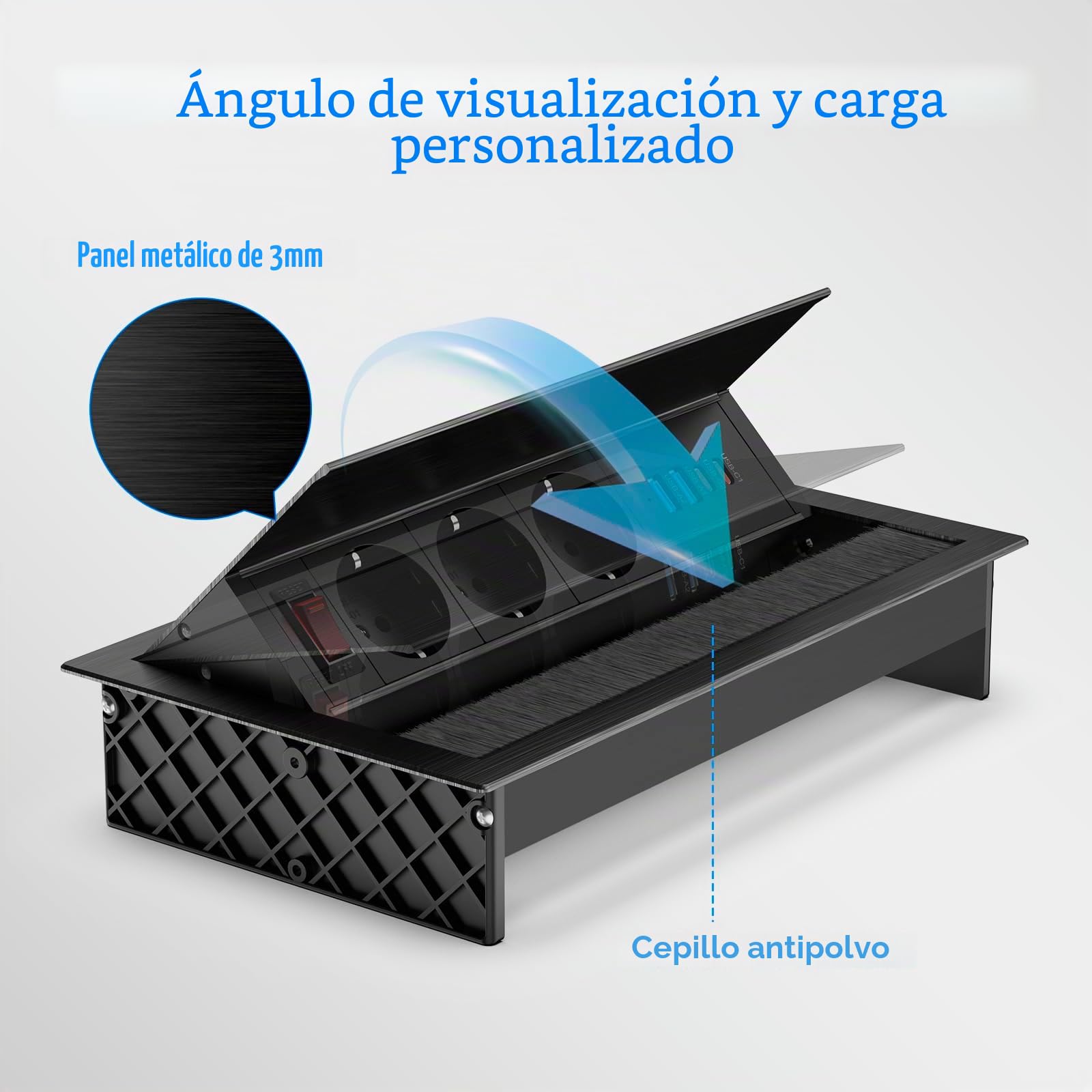 Enchufe empotrable con 2 USB-C PD 30W y 3 Tomas, Aluminio | Regleta empotrable con 4 USB, 2 USB-A QC18W, tapa abatible ajustable, cable 1,8 m, escritorio y cocina, negro