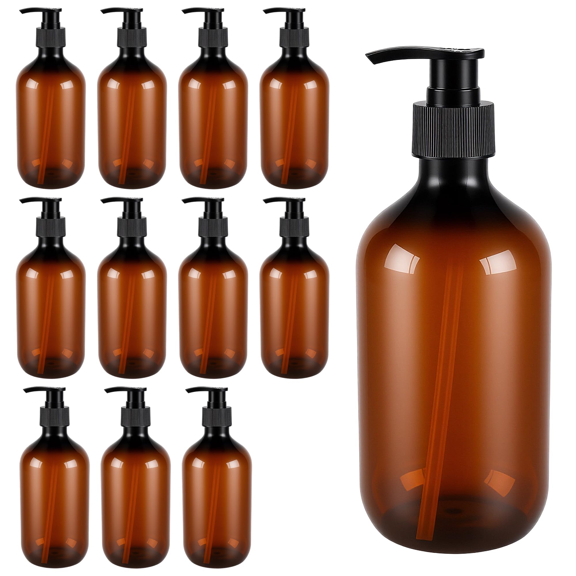 FUNSUEI 12 Pack 500ml Amber PET Soap Dispenser with Pump, Refillable Bathroom Shower Bottle for Shampoo, Conditioner & Body Wash