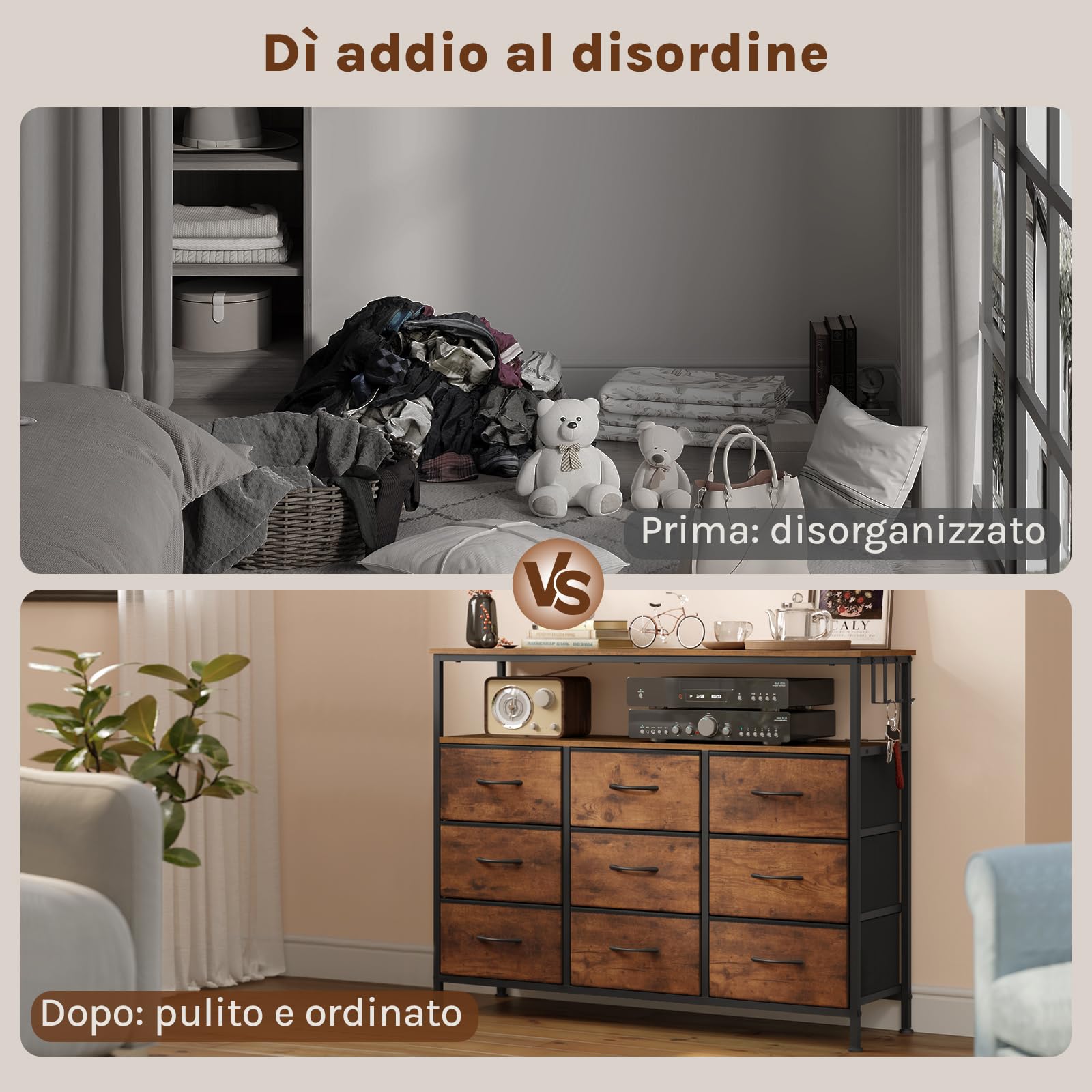 WOLTU Comò 9 Cassetti in Tessuto, Mobile Contenitore | con Multipresa e Illuminazione LED, 3 Ganci Laterali, Struttura in Metallo, 110x30x83,5 cm, Marrone Rustico + Nero