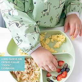 Bumkins - SuperBibs + Sleeved Bib - For Boys & Girls, Babies & Toddlers 6-24 Months - Lightweight, Durable, Waterproof - Catch-All Pocket - Wipeable & Machine Washable - No Prob-llama Green - 3 Pack