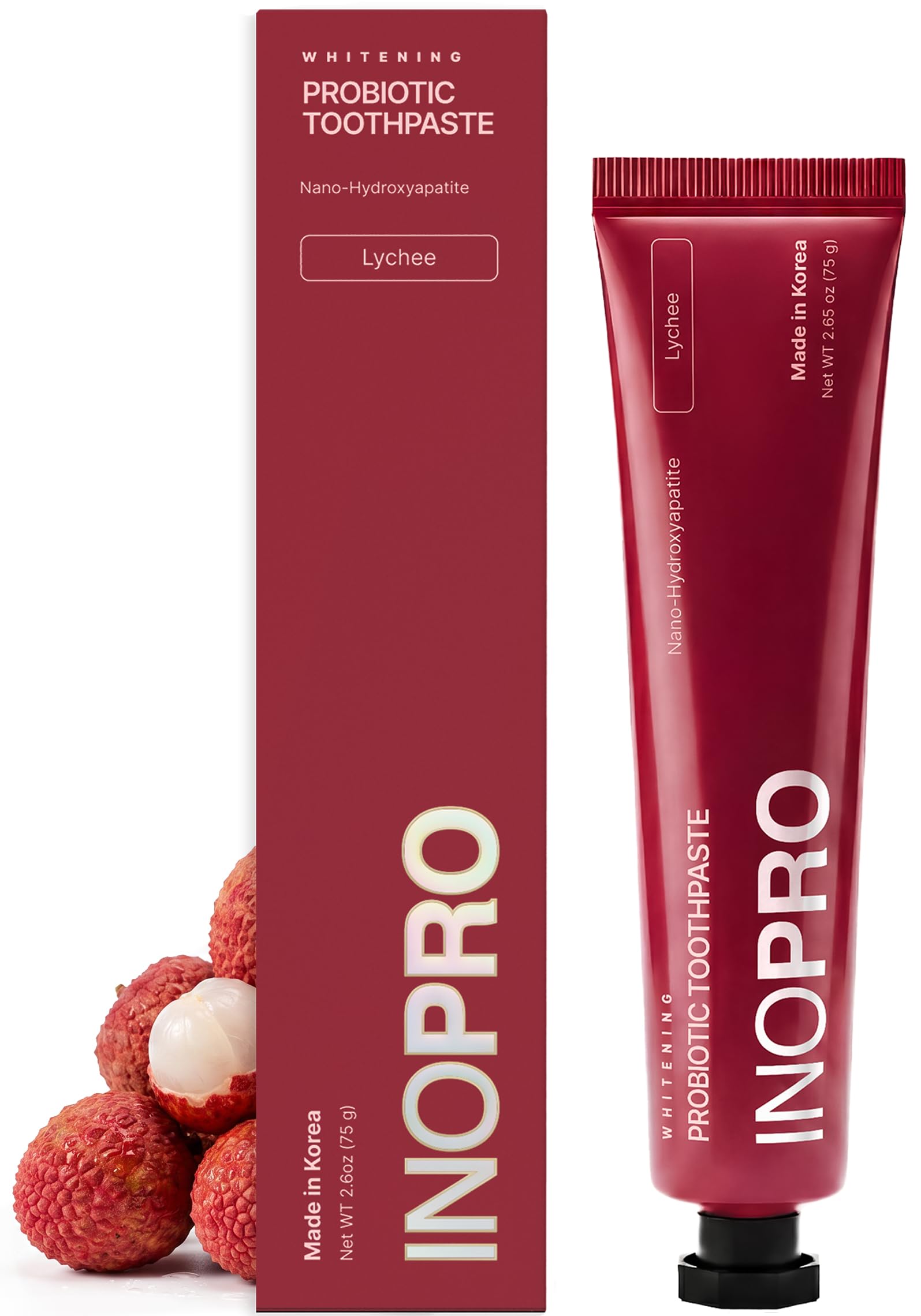INOPRO Nano-Hydroxyapatite Whitening Toothpaste with Probiotic for Sensitive Teeth, Fluoride Free Enamel Support Toothpaste - Xylitol, Baking Soda, Coconut Oil - Lychee 2.65oz