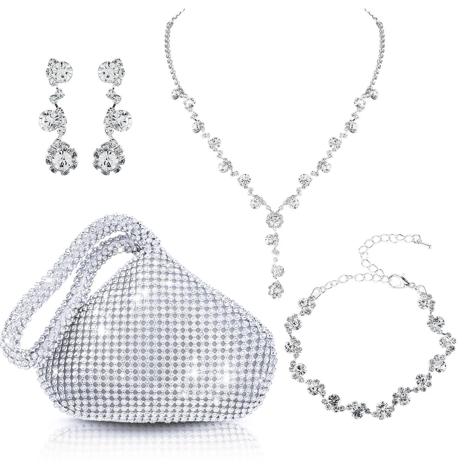 YolevBridal Wedding Jewelry Set Silver Clutch Purse Bag Rhinestone Evening Bag Necklace Earrings Bracelet for Women and Girl