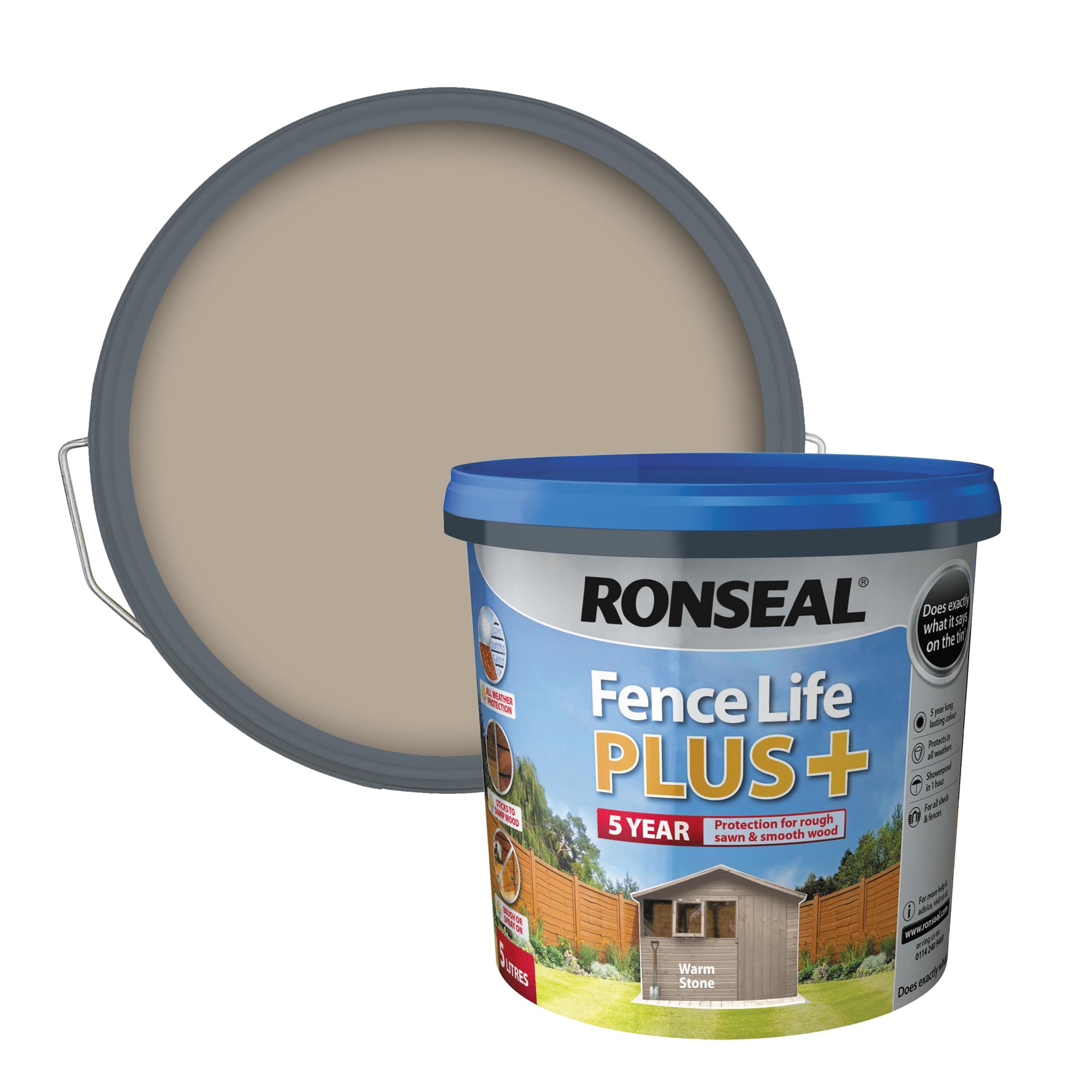 Ronseal Warm Stone Fence Life Plus+ 5L, 5 Year Long Lasting Protecion, All Weather Protection, Sticks To Damp Wood, Brush Or Spray On, For All Sheds And Fences Also Showerproof In 1 Hour