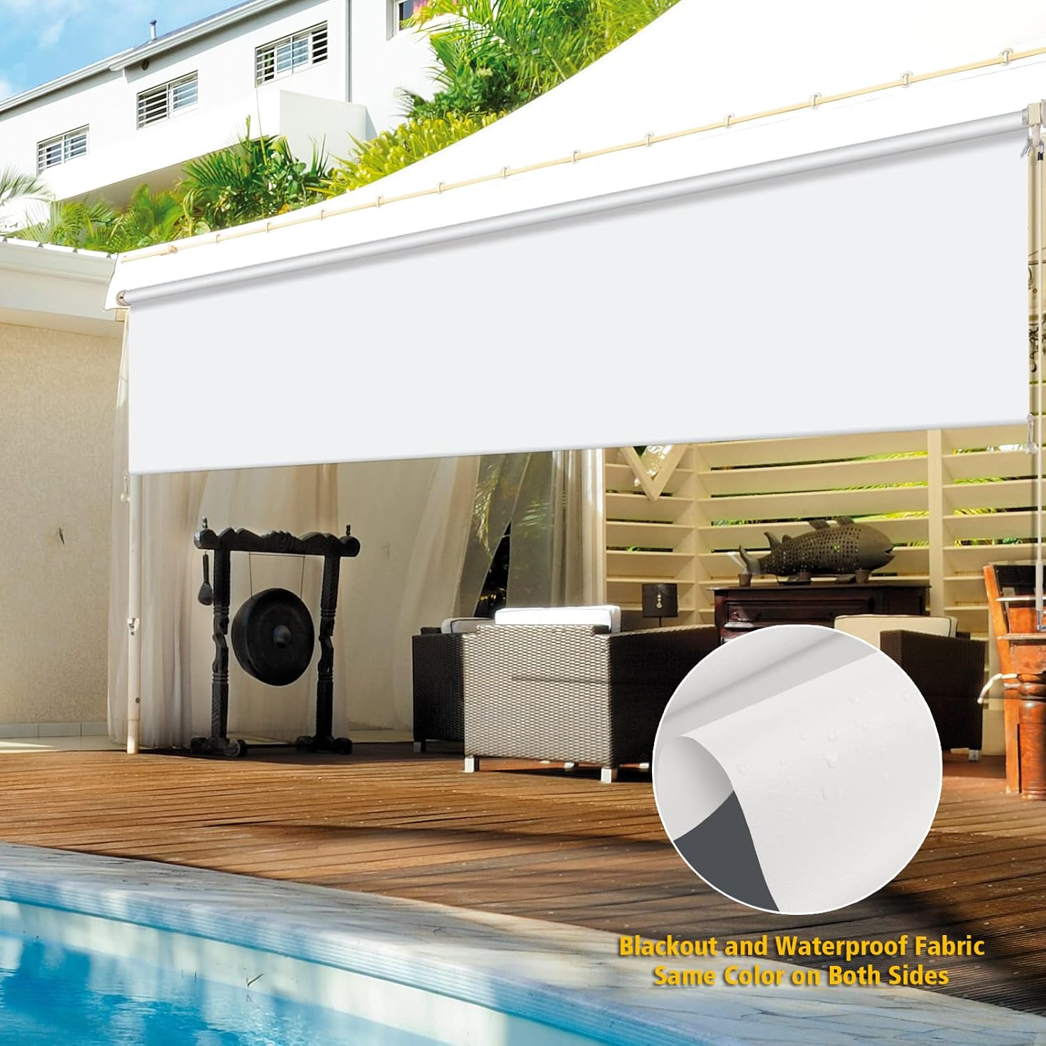 Exterior Blackout Roller Shades, White Outdoor Window Blinds, Premium Waterproof Windproof UV Protection Sun Shades for Windows, Doors, Patio, Gazebo, Porch, Balcony, Deck, Pergola