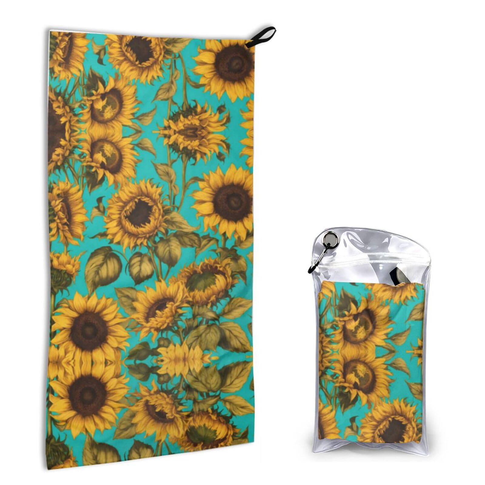 Sunflower Print Quick Dry Microfiber Towel 16x31.5 Inches, Super Absorbent Lightweight Compact Travel Towel With Carabiner & Carry Bag For Outdoor, Beach, Gym, Camping