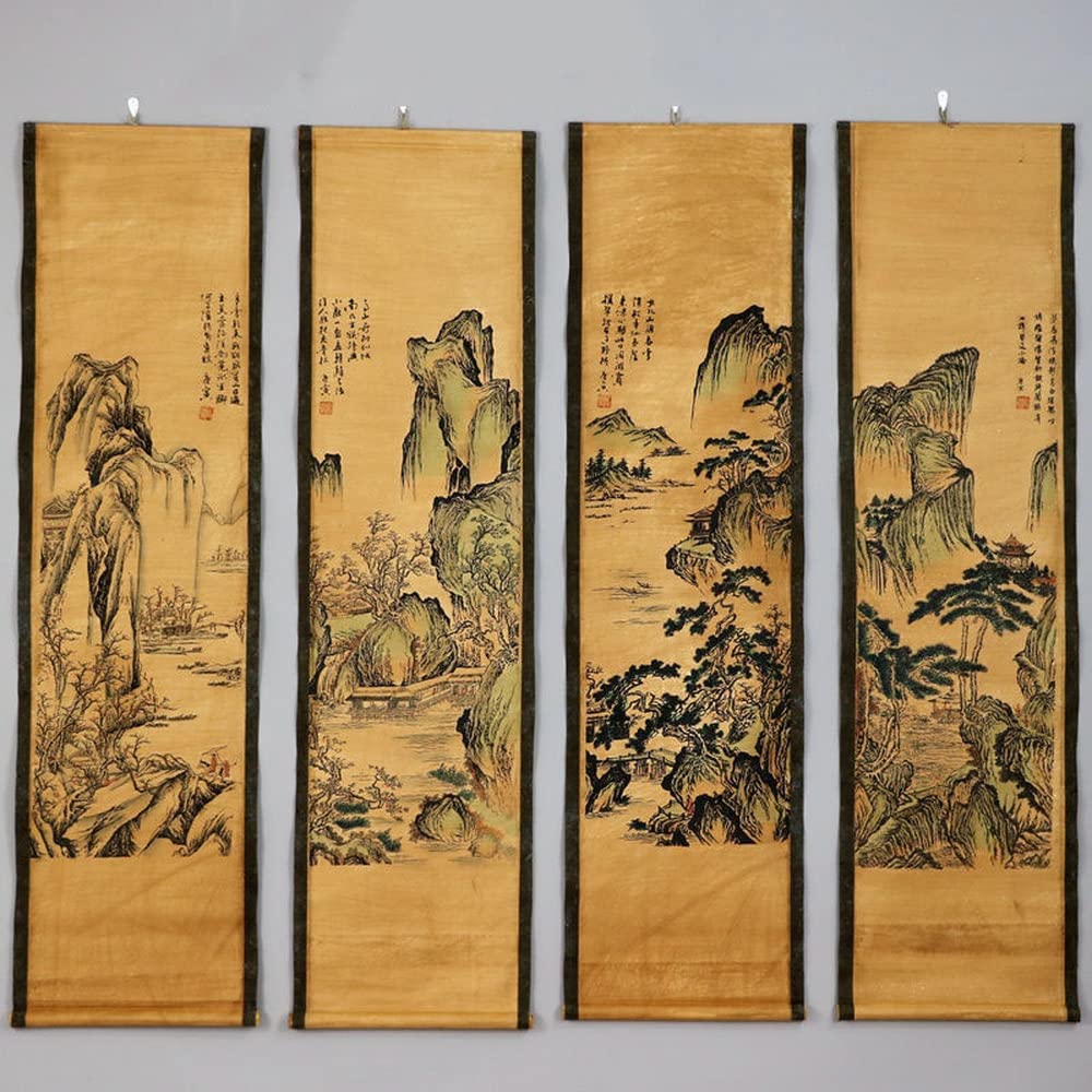 Vrfvsdasaas Multicolore Chinese Wall Art, 4Pcs/Set Calligraphy Painting Figure Scroll Antique Decor Hanging Paintings