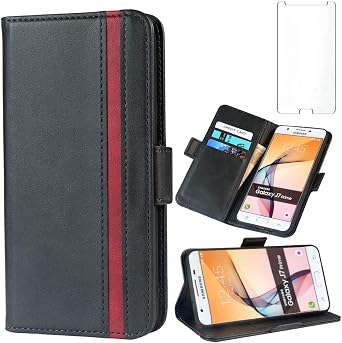 Phone Case for Samsung Galaxy J7 Sky Pro J7 Prime 2017 J 7 Perx J7 2017 Leather Wallet Cases with Tempered Glass Screen Protector Accessories Card Holder Full Body Flip Folio Cover Women Men Black