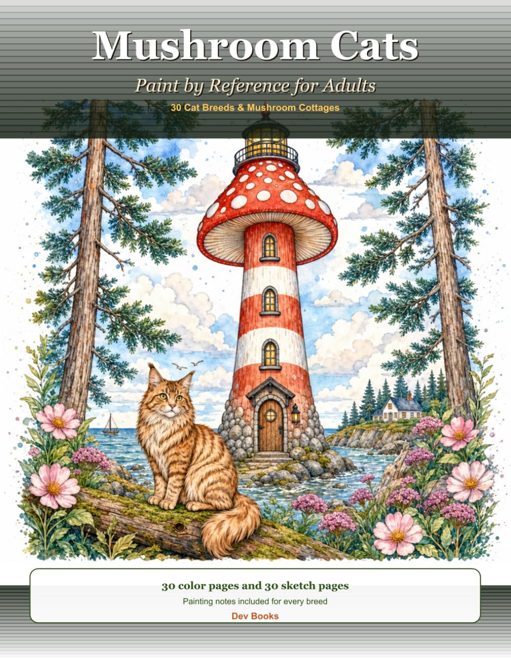 Mushroom Cats: Paint by Reference for Adults - 30 Cat Breeds & Mushroom Cottages with Color Guides and Sketch Pages
