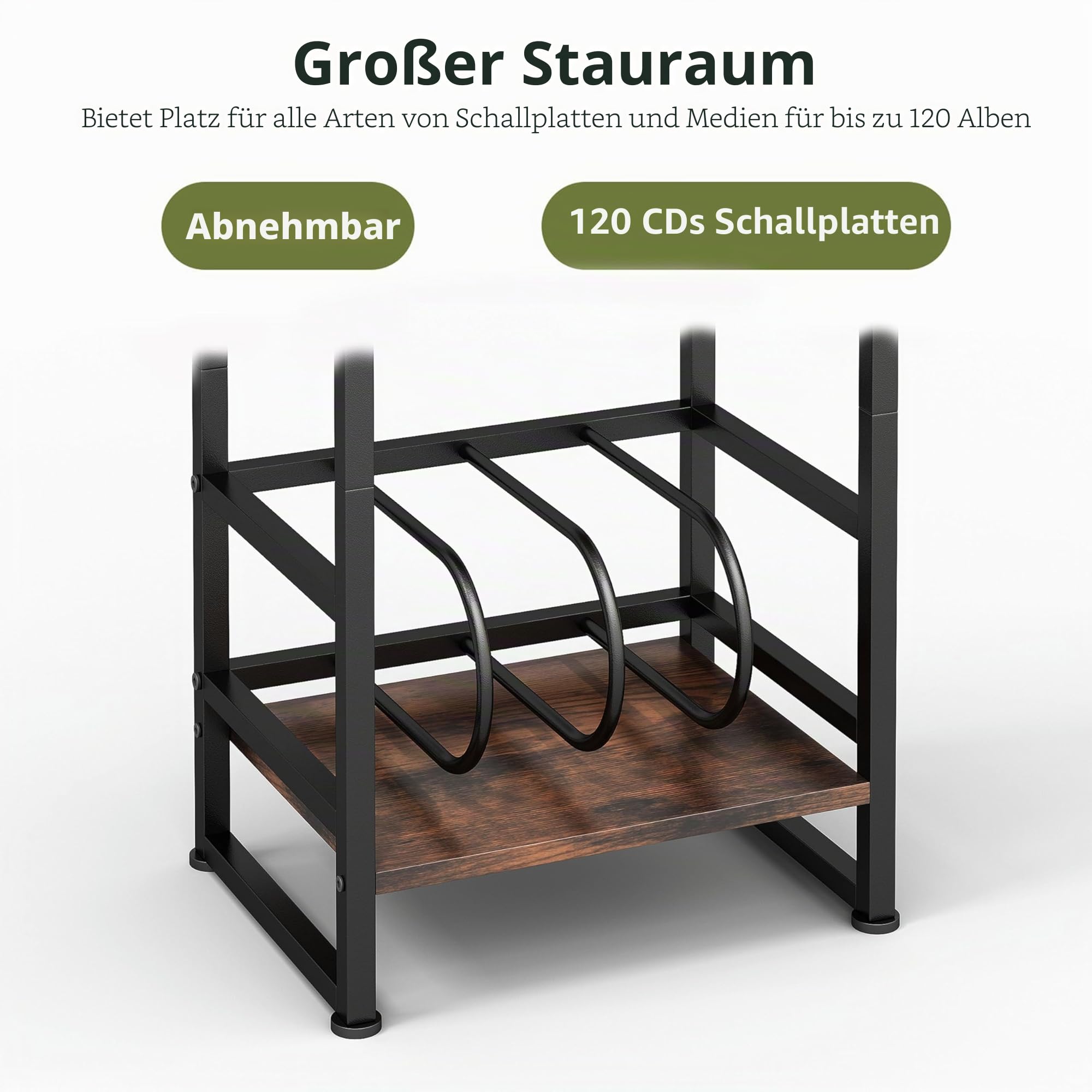 Plattenspieler-Ständer, 3 Etagen Beistelltisch,Plattenspielertisch Aufbewahrung von Schallplatten, bis zu 120 Alben, Tisch für Wohnzimmer, Schlafzimmer, Vintagebraun (Rustikal Braun)