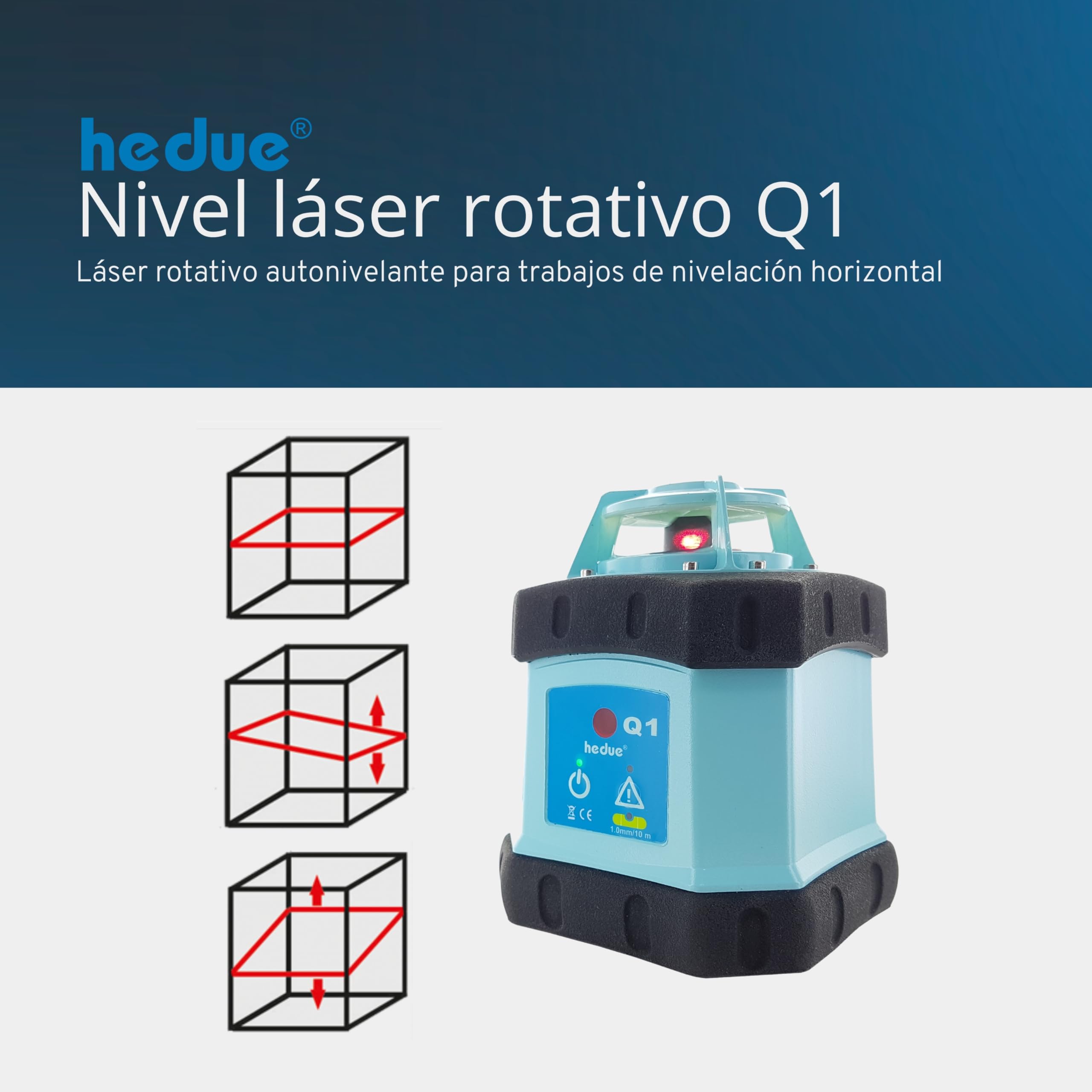 Nivel láser rotativo Q1 - Nivel laser rotativo autonivelante para trabajos de nivelación horizontal, 500m zona de trabajo (con receptor láser)
