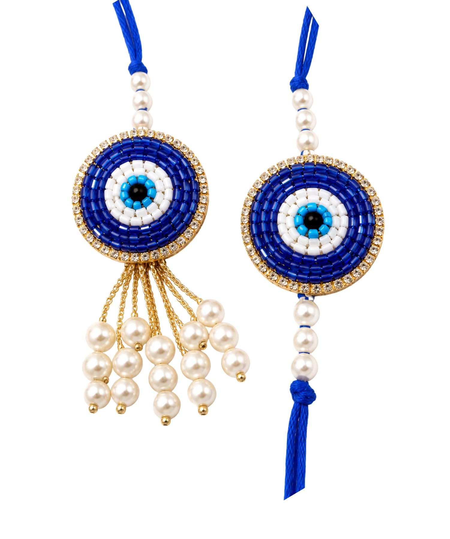 Evil Eye Rakhi for Brother with Pearl Tassel Blue Nazar Beaded Designer Raksha Bandhan Thread Bracelet Handmade Protective Charm (Combo set-2)-image-2