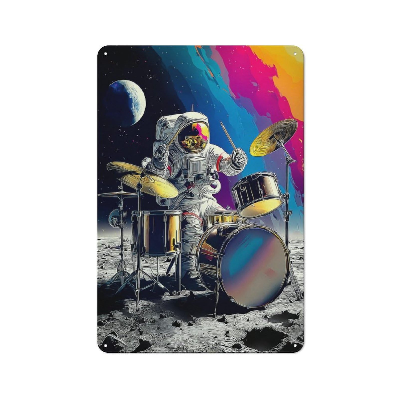 Junmoney Astronaut Drummer On The Moon -3 Tin Sign 30X20cm, Vintage Pub Wall Decor For Bar, Kitchen, Garage Or Games Room, Small Accent For Blank Walls