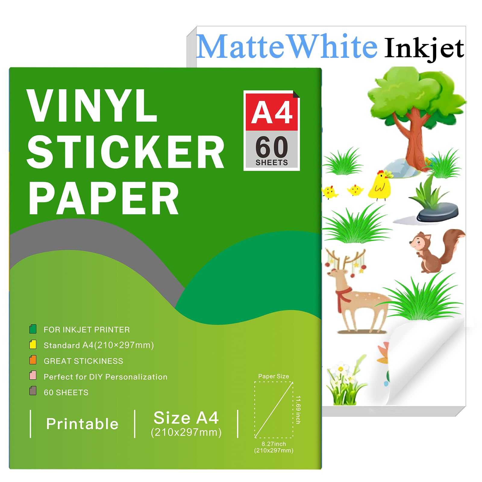Premium Printable Vinyl Sticker Paper for Inkjet Printers,60 Sheets Matte White of A4 Size(297 x 210mm) DIY Personalized Self-Adhesive Paper That is Tear Resistant, Waterproof Labels