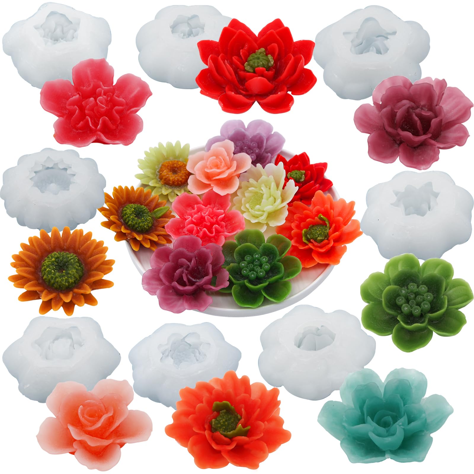 EuTengHao Flower Silicone Candle Molds for Wax Candle Soap Silicone Resin Cake Making, 3D Plant Flower Wax Scented Candle Soap Silicone Resin Casting Molds (8 Styles Flowers)